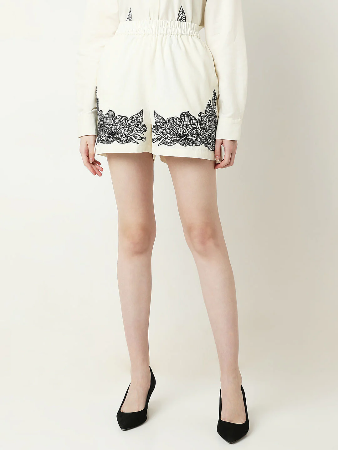 Cream Embroidered Co-Ord Set Shorts - Image 2