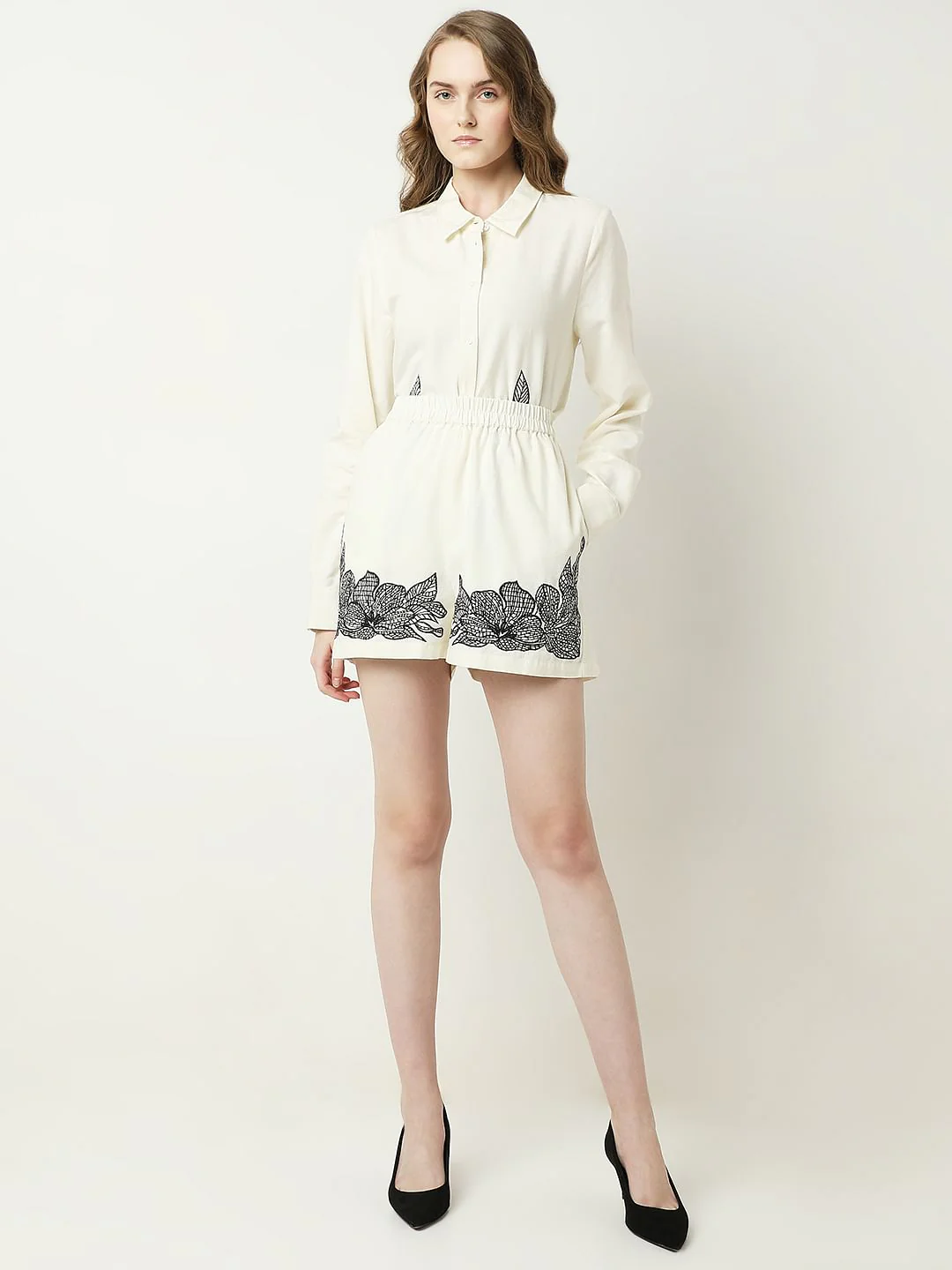 Cream Embroidered Co-Ord Set Shorts - Image 5