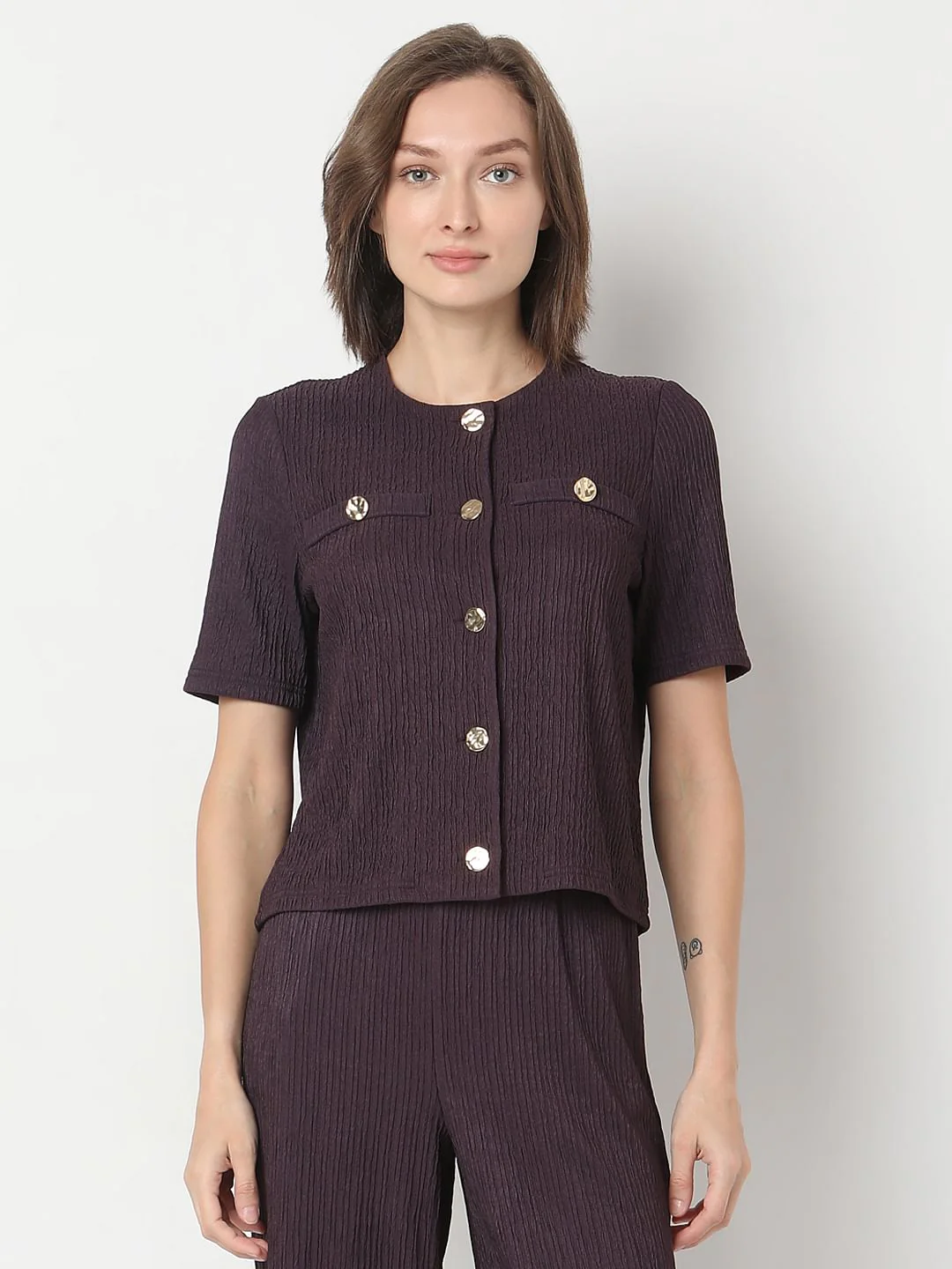 Plum Crinkle Weave Co-Ord Set Top - Image 2
