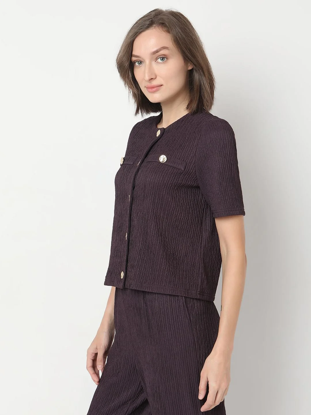 Plum Crinkle Weave Co-Ord Set Top - Image 3