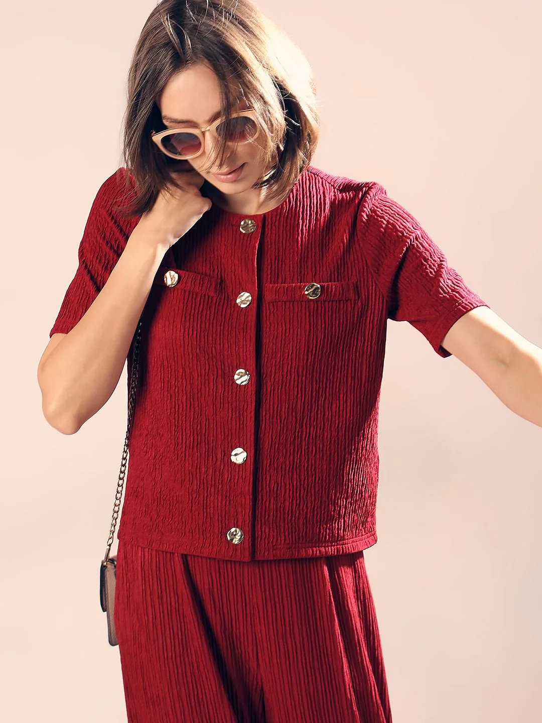 Red Crinkle Weave Co-Ord Set Top
