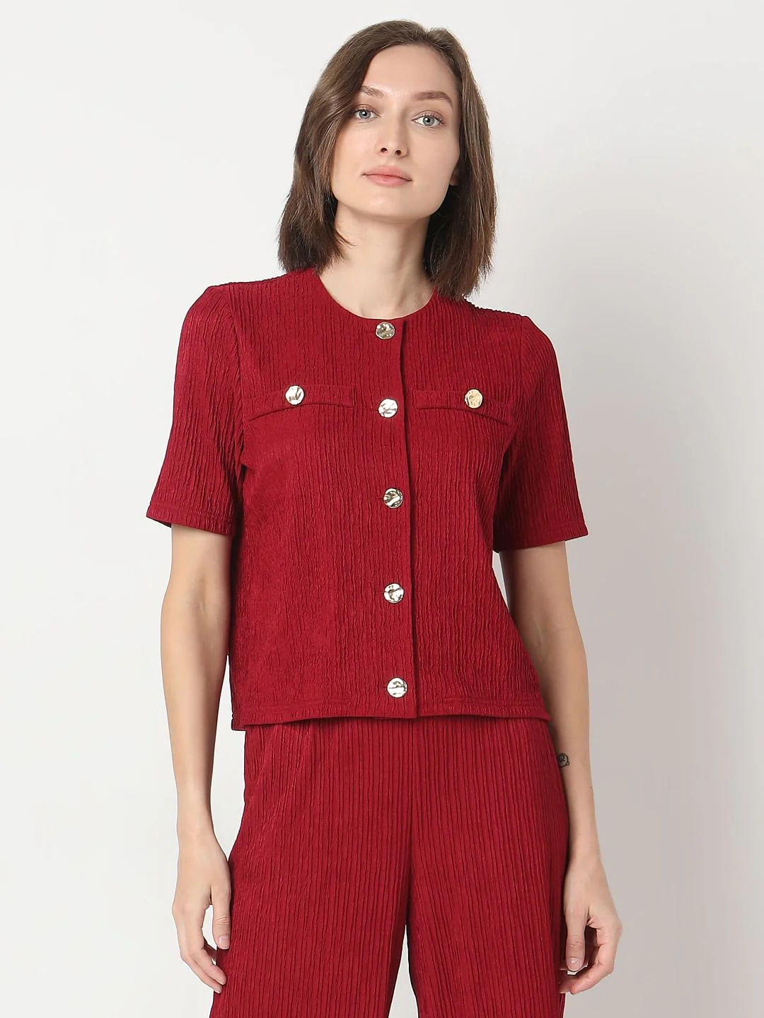 Red Crinkle Weave Co-Ord Set Top - Image 2