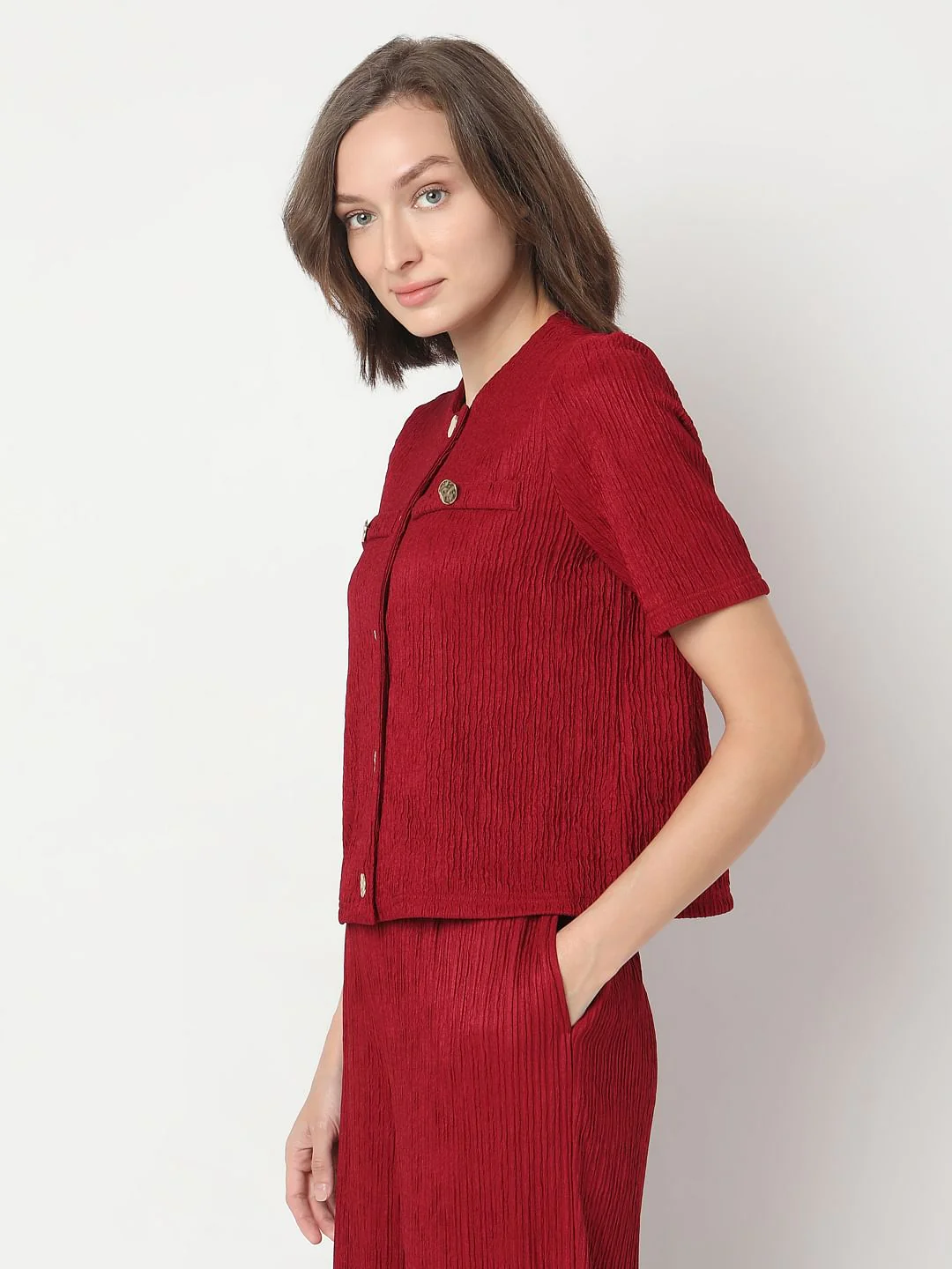 Red Crinkle Weave Co-Ord Set Top - Image 3