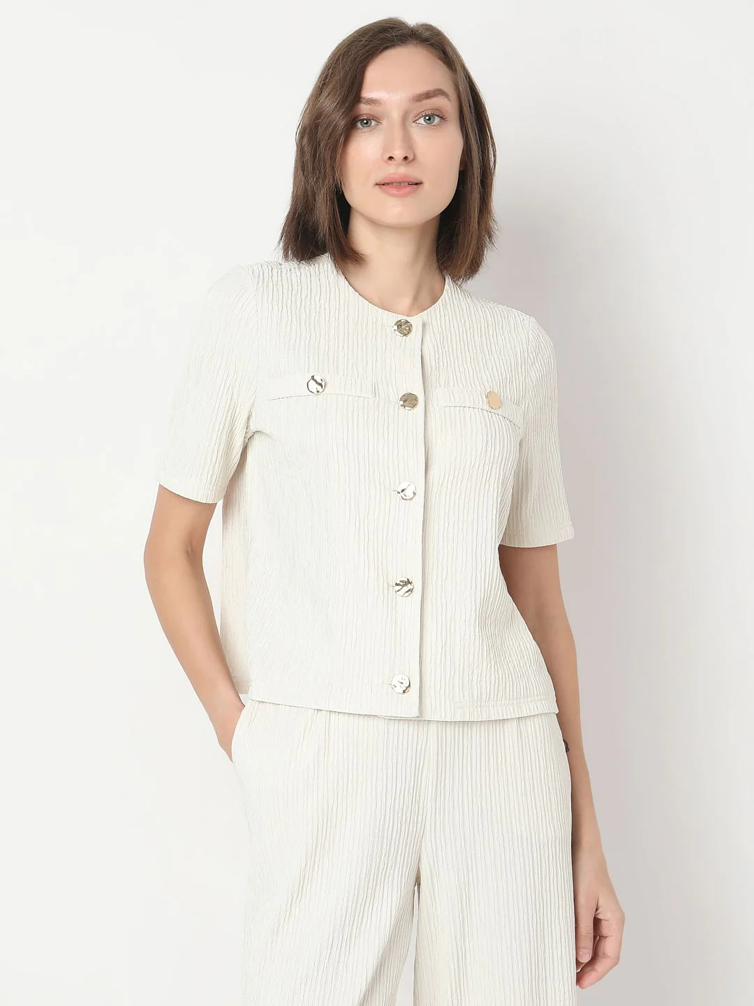 Cream Crinkle Weave Co-Ord Set Top - Image 2