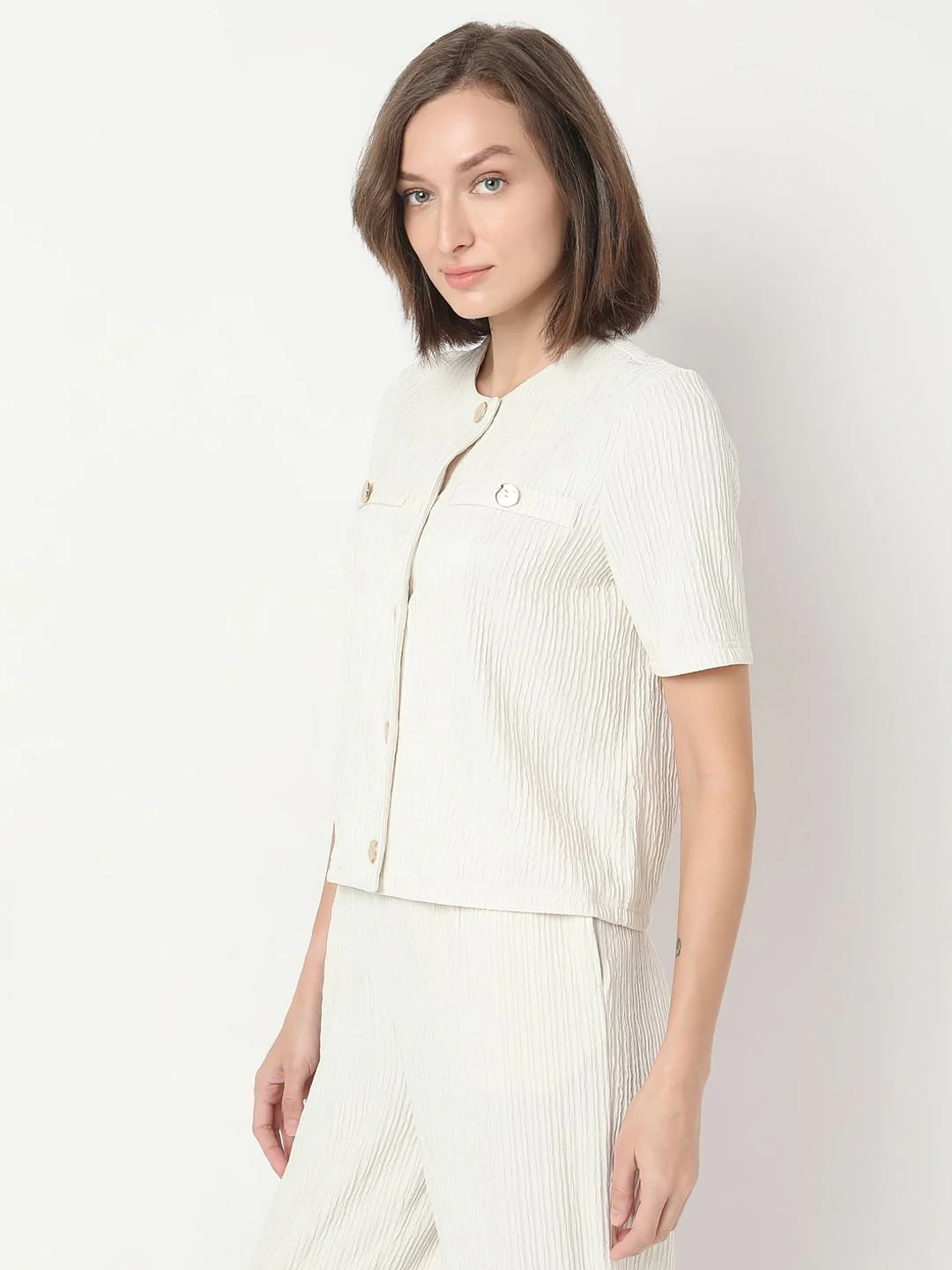 Cream Crinkle Weave Co-Ord Set Top - Image 3