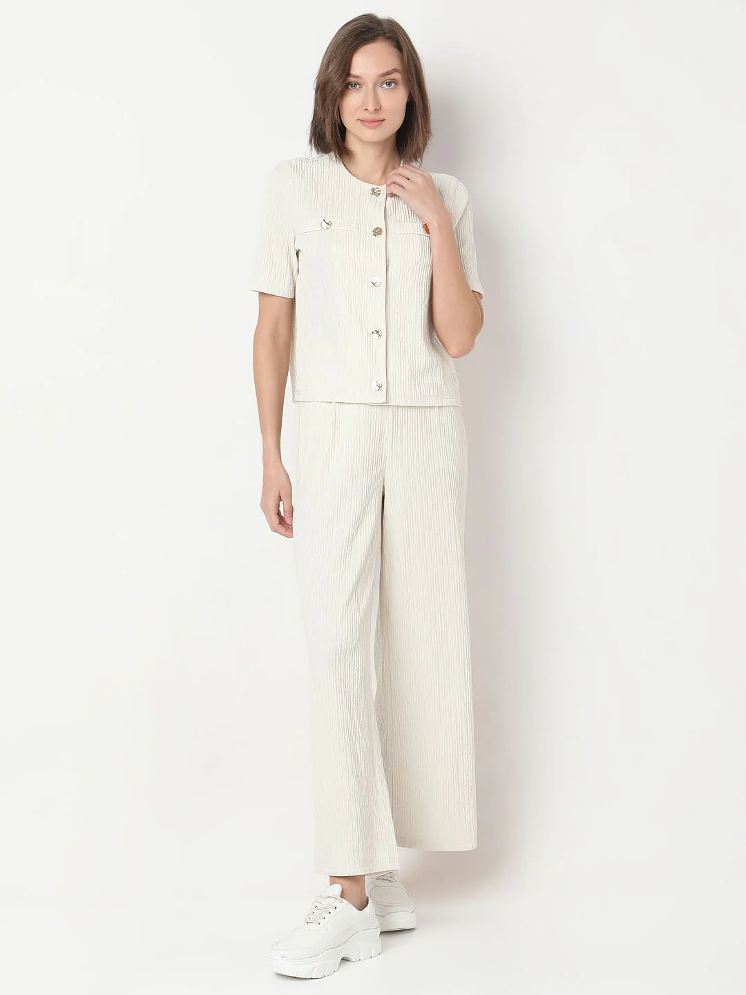 Cream Crinkle Weave Co-Ord Set Top - Image 5