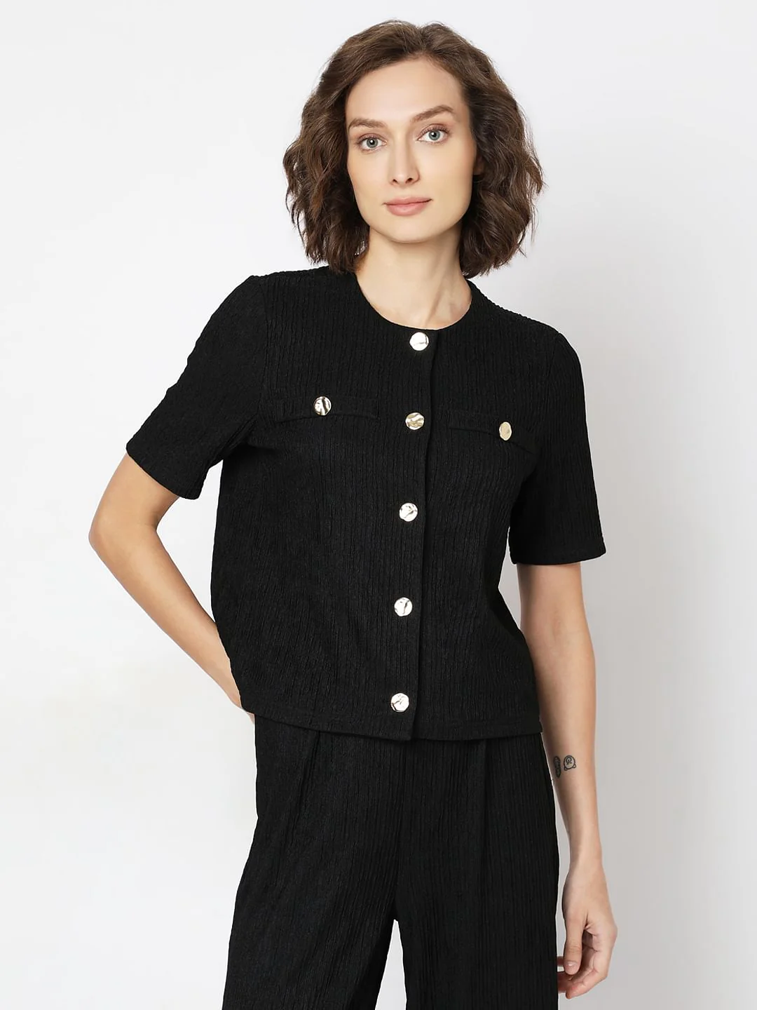 Black Crinkle Weave Co-Ord Set Top - Image 2