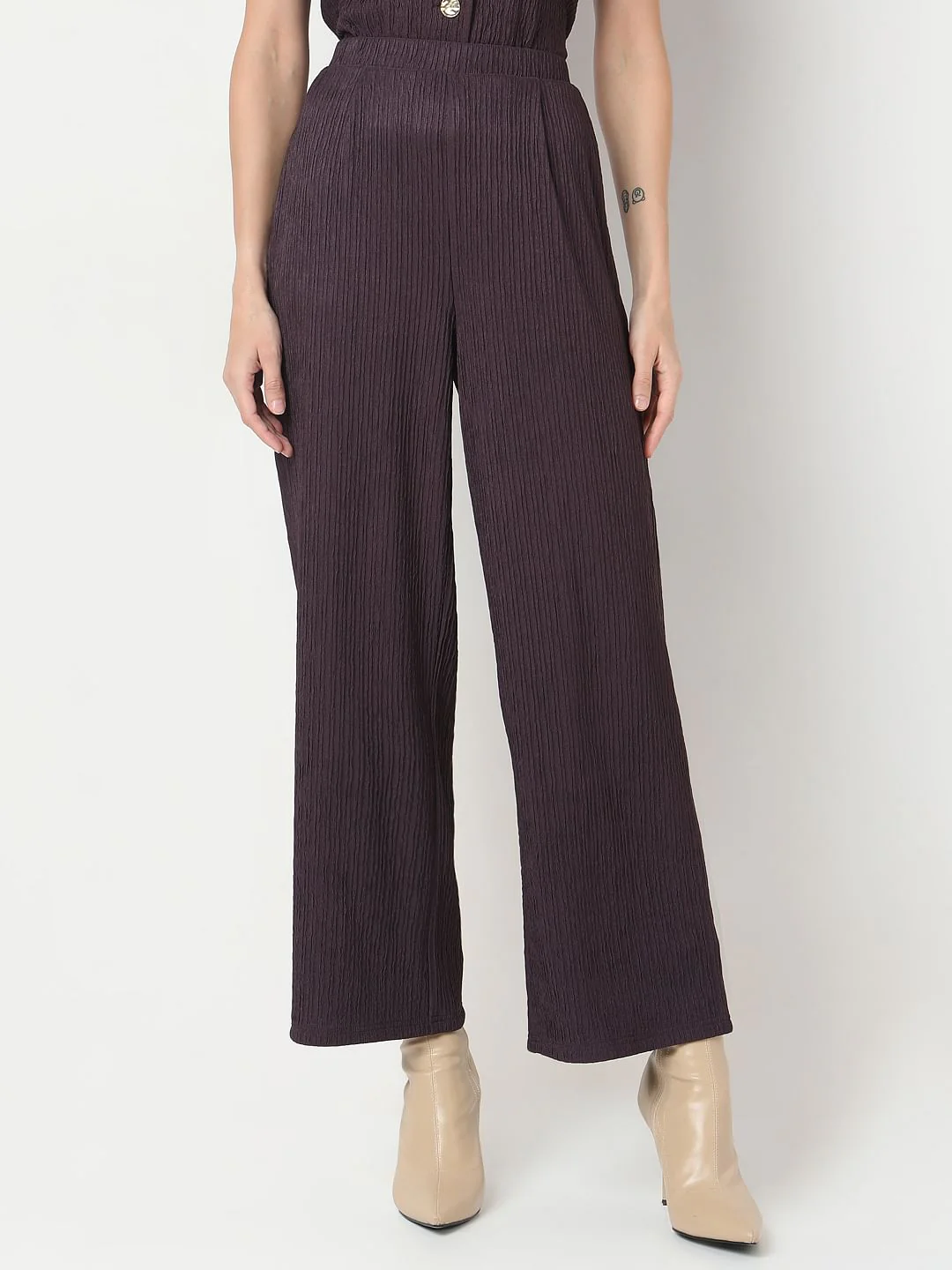 Plum Crinkle Weave Co-Ord Set Pants - Image 2