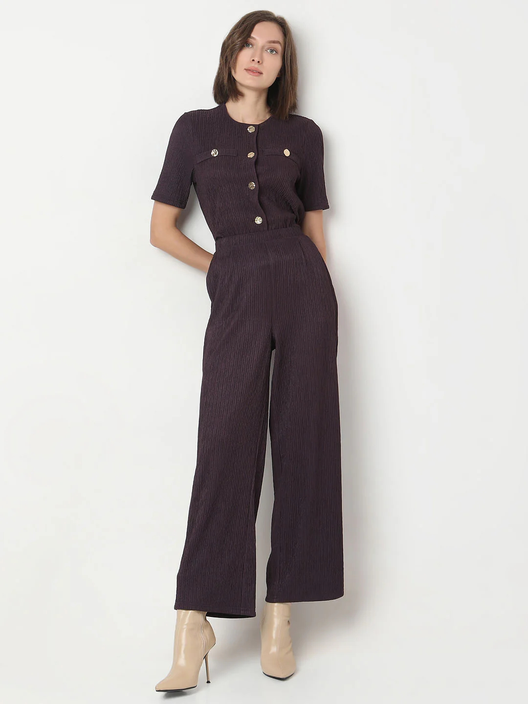 Plum Crinkle Weave Co-Ord Set Pants - Image 5