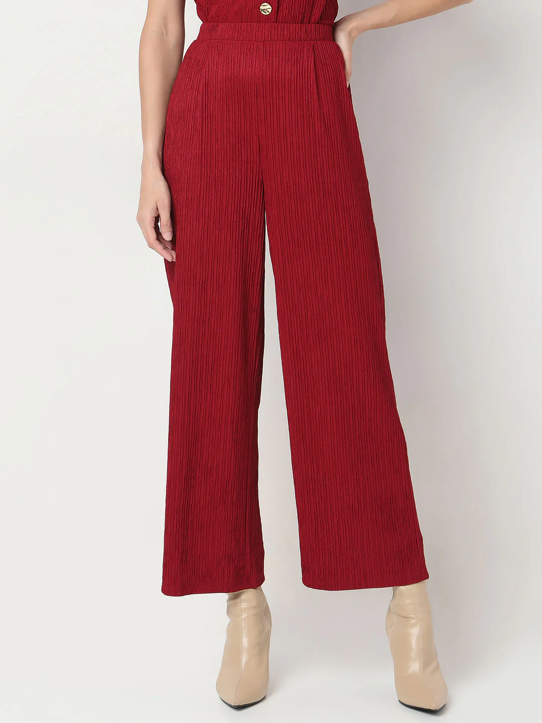 Red Crinkle Weave Co-Ord Set Pants - Image 2
