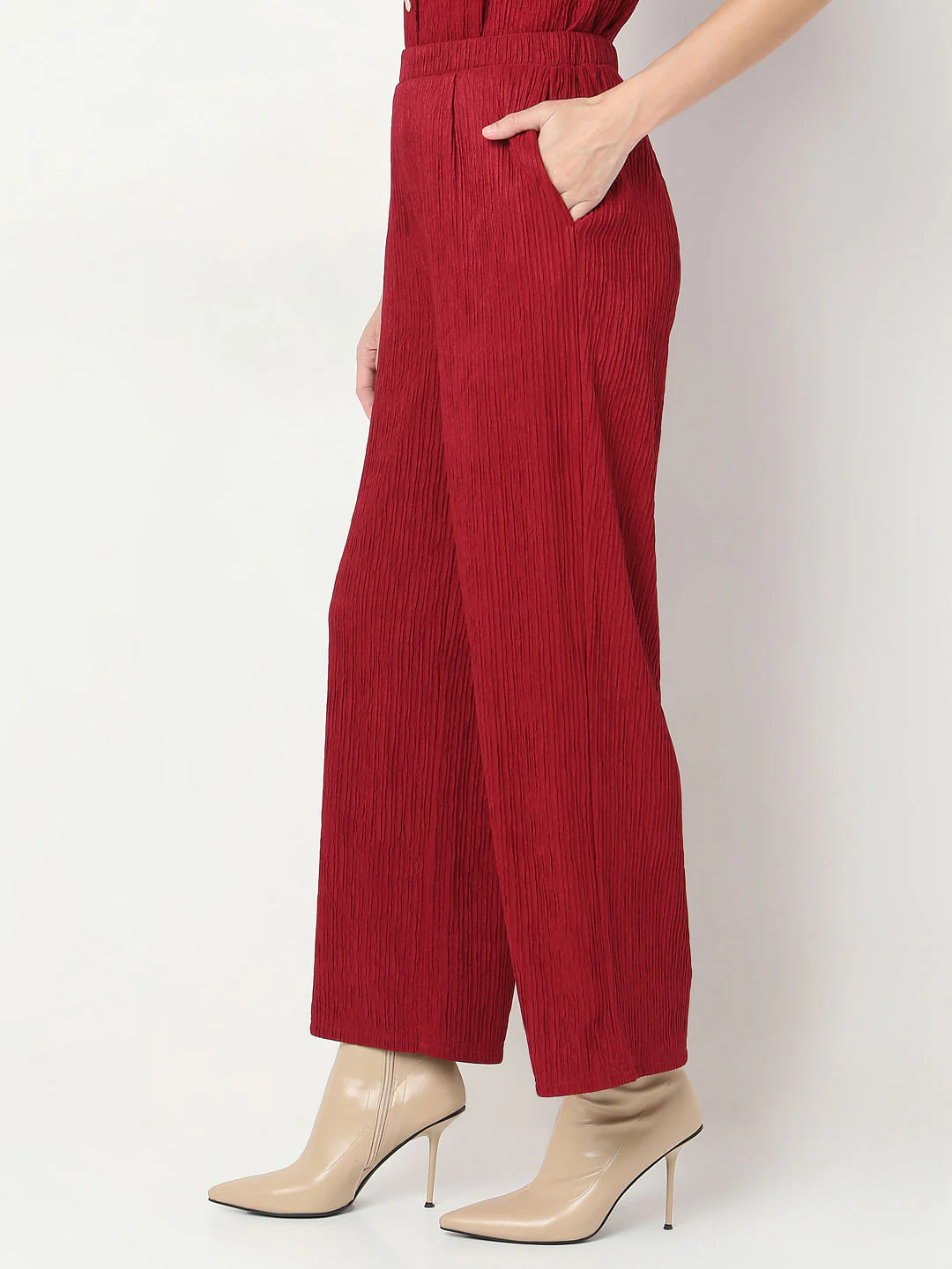 Red Crinkle Weave Co-Ord Set Pants - Image 3