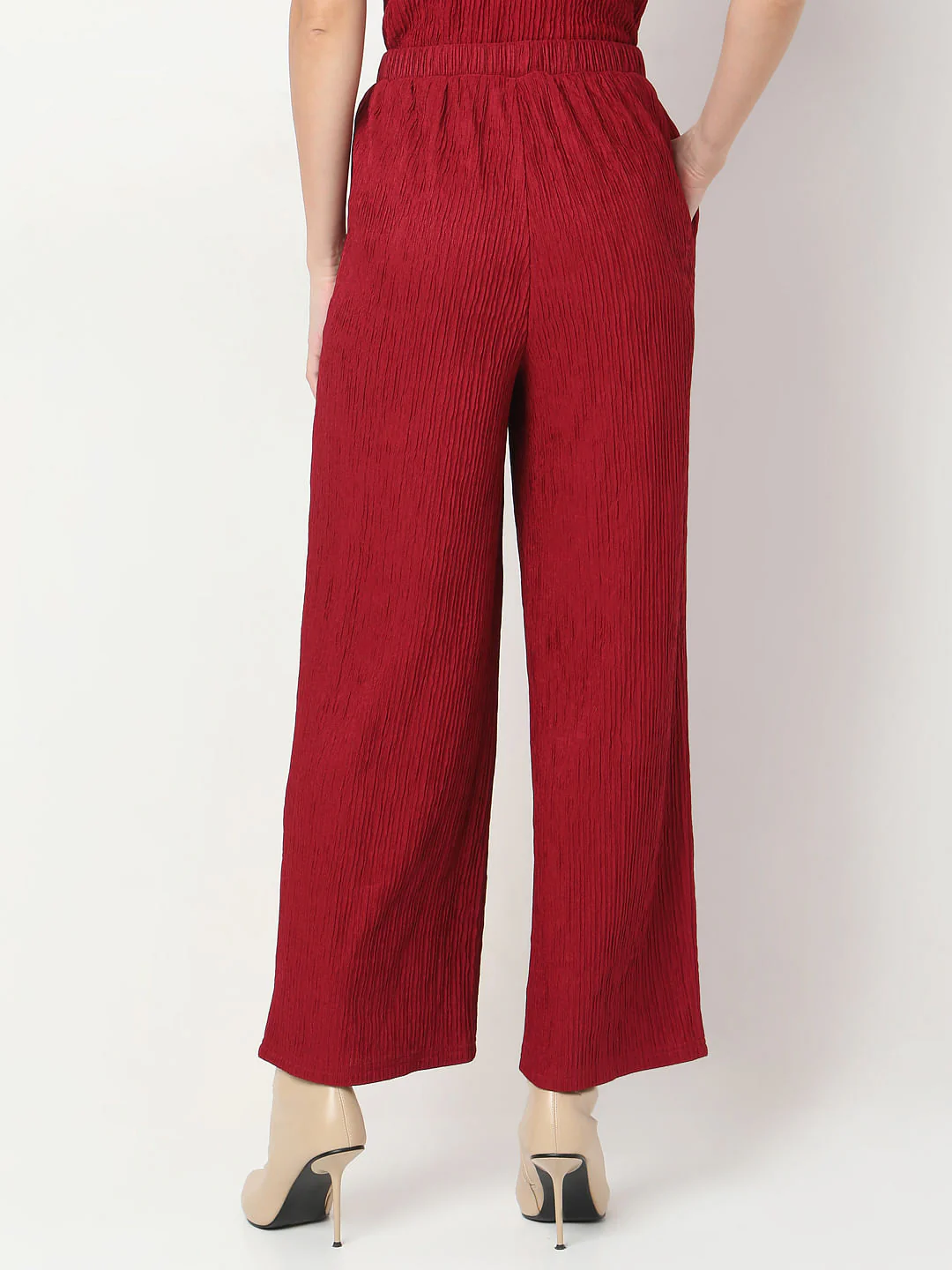 Red Crinkle Weave Co-Ord Set Pants - Image 4
