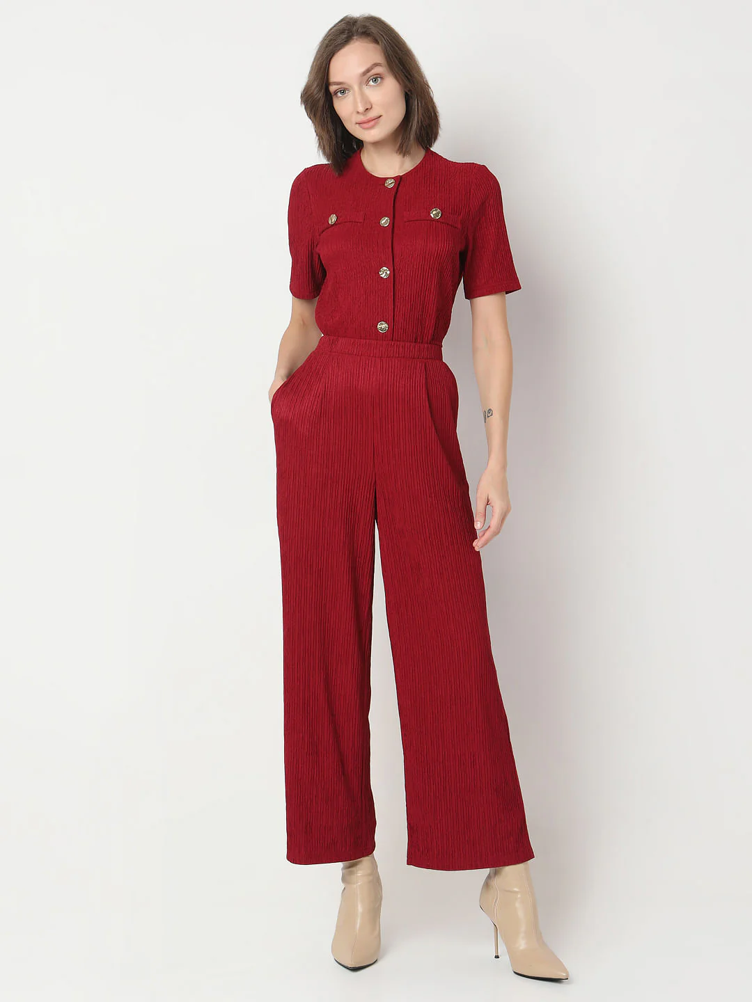 Red Crinkle Weave Co-Ord Set Pants - Image 5