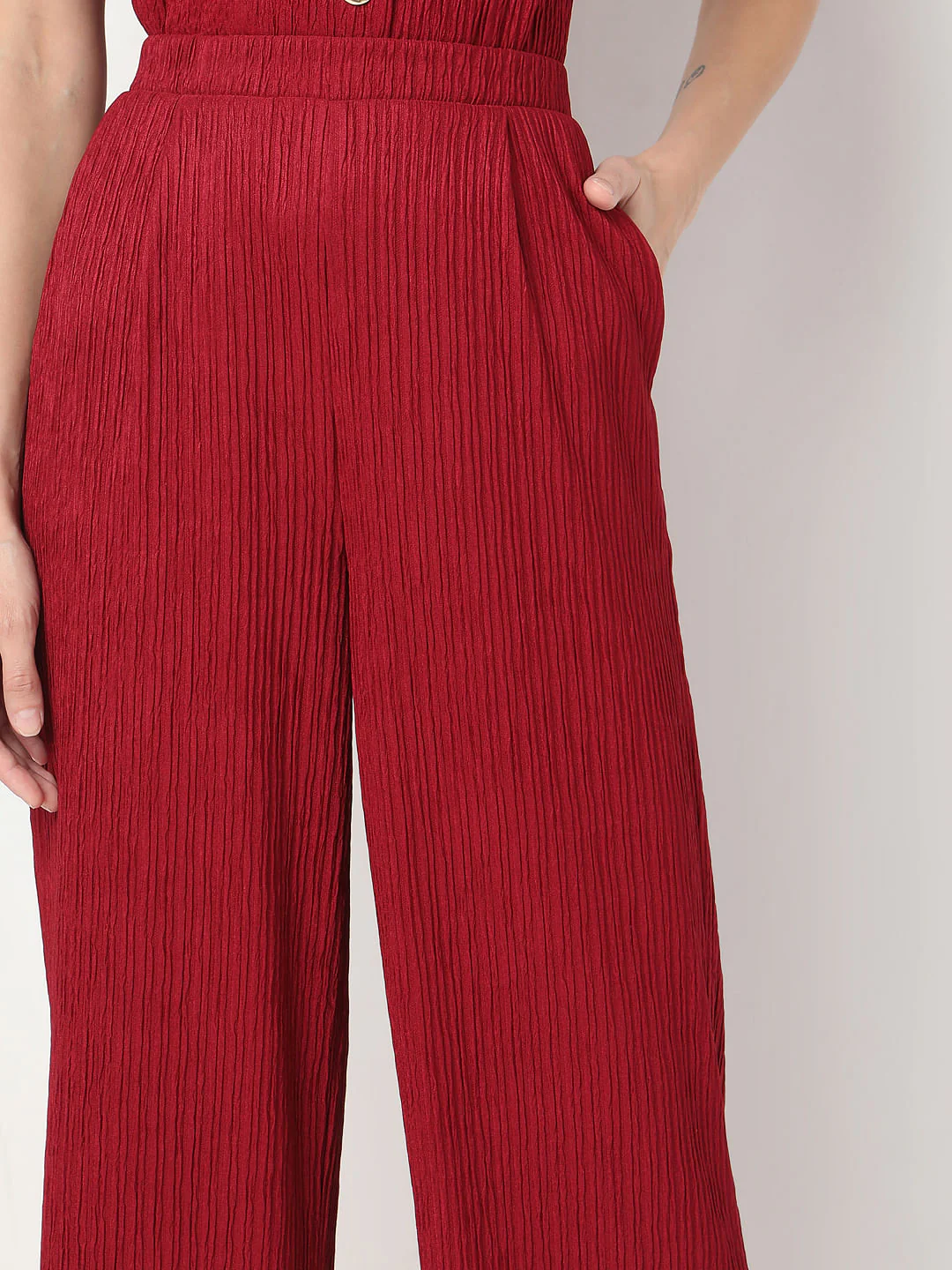 Red Crinkle Weave Co-Ord Set Pants - Image 6