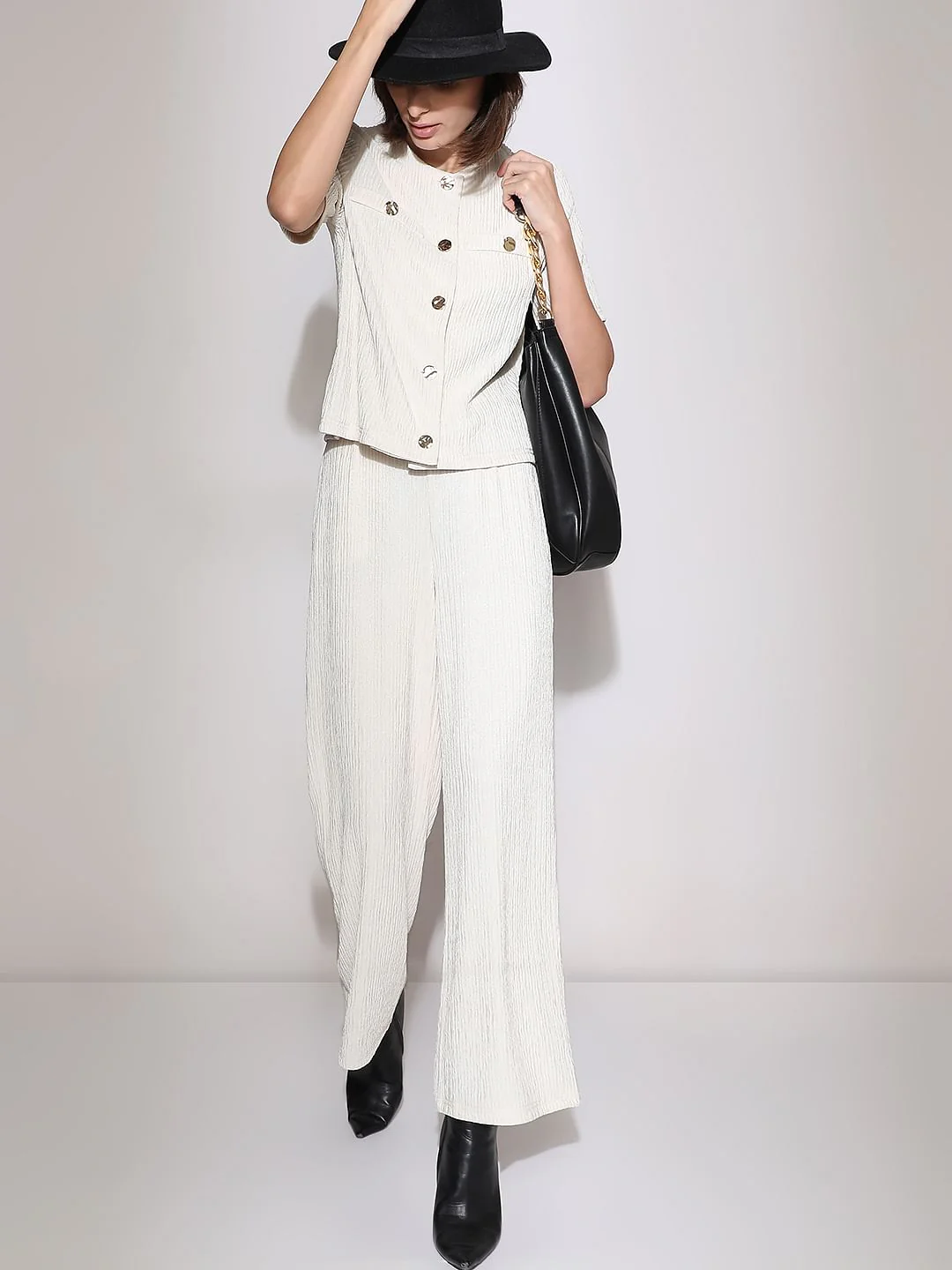 Cream Crinkle Weave Co-Ord Set Pants