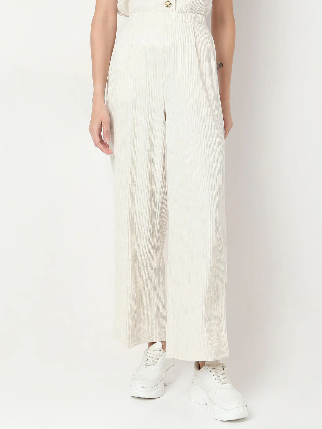 Cream Crinkle Weave Co-Ord Set Pants - Image 2