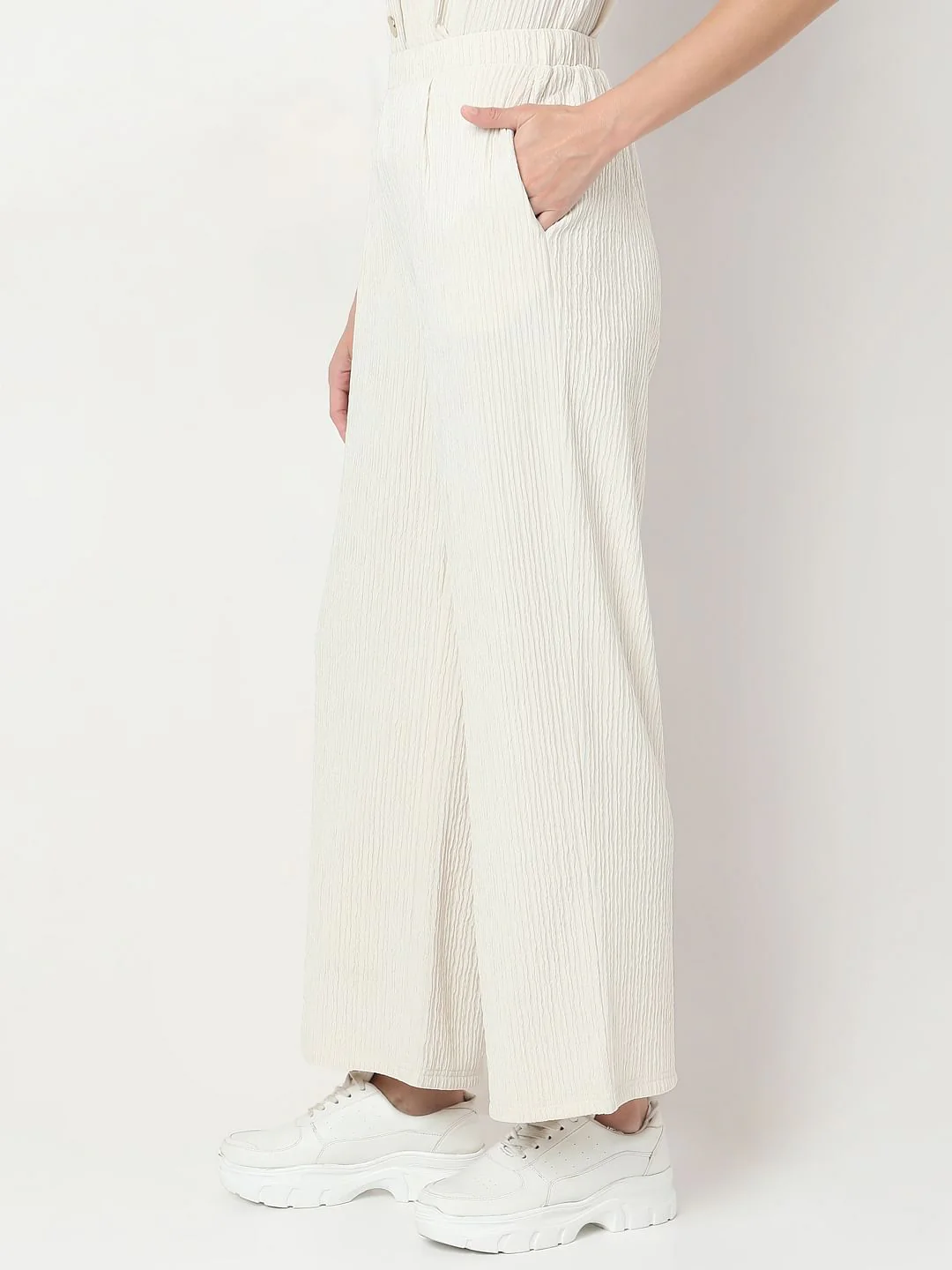 Cream Crinkle Weave Co-Ord Set Pants - Image 3