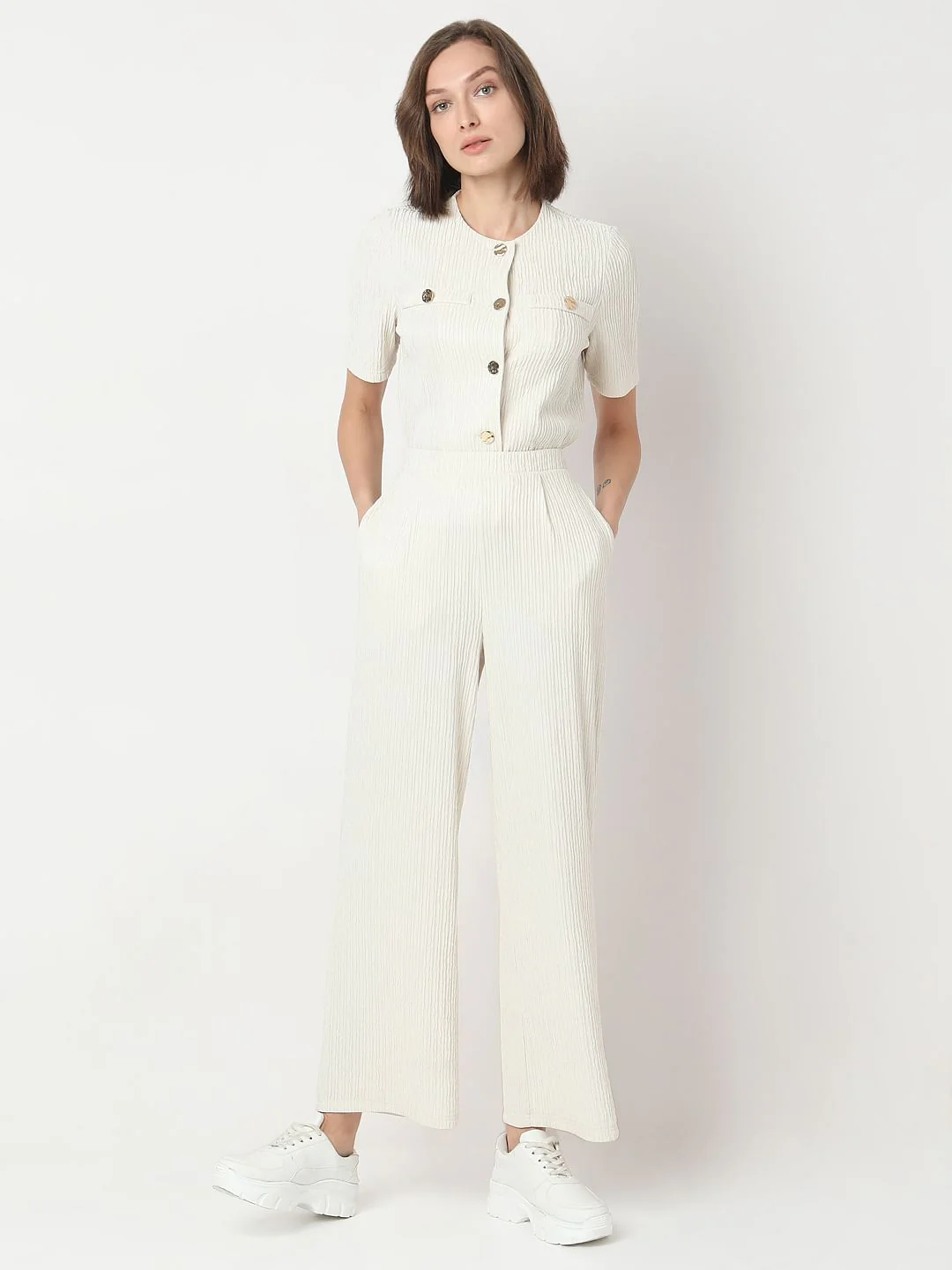 Cream Crinkle Weave Co-Ord Set Pants - Image 5