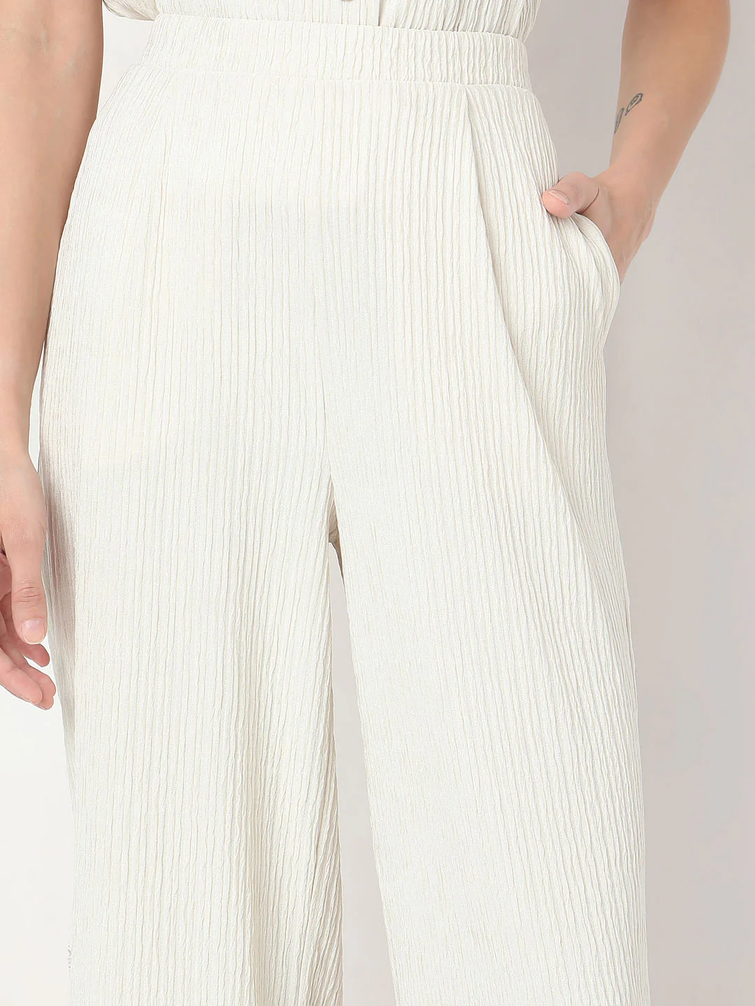 Cream Crinkle Weave Co-Ord Set Pants - Image 6