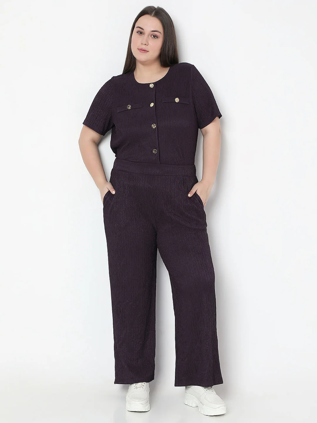 Curve Purple Textured Co-Ord Set Pants - Image 5