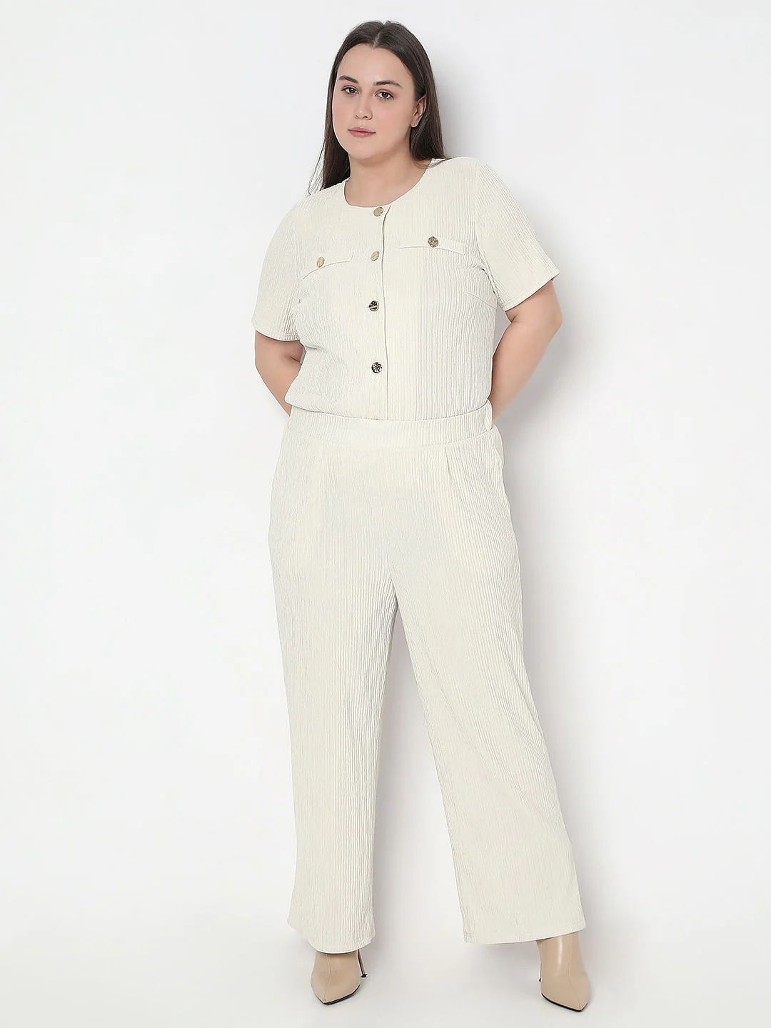 Curve Ecru Textured Co-Ord Set Pants - Image 5