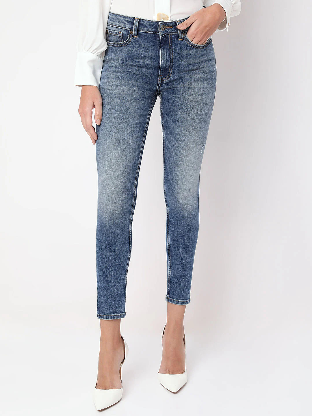 Blue Mid Rise Distressed Skinny Fit Jeans - Image 2