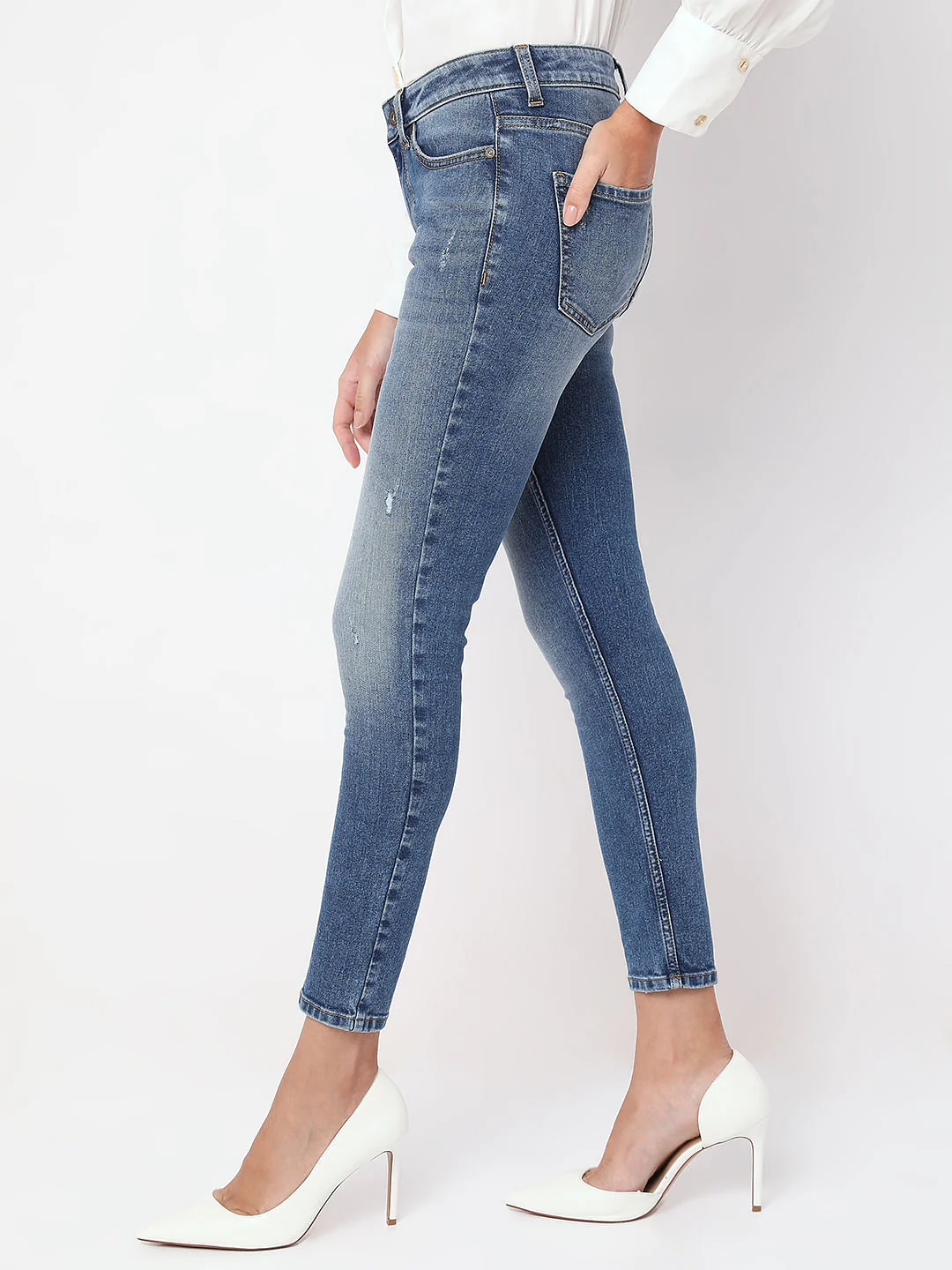Blue Mid Rise Distressed Skinny Fit Jeans - Image 3