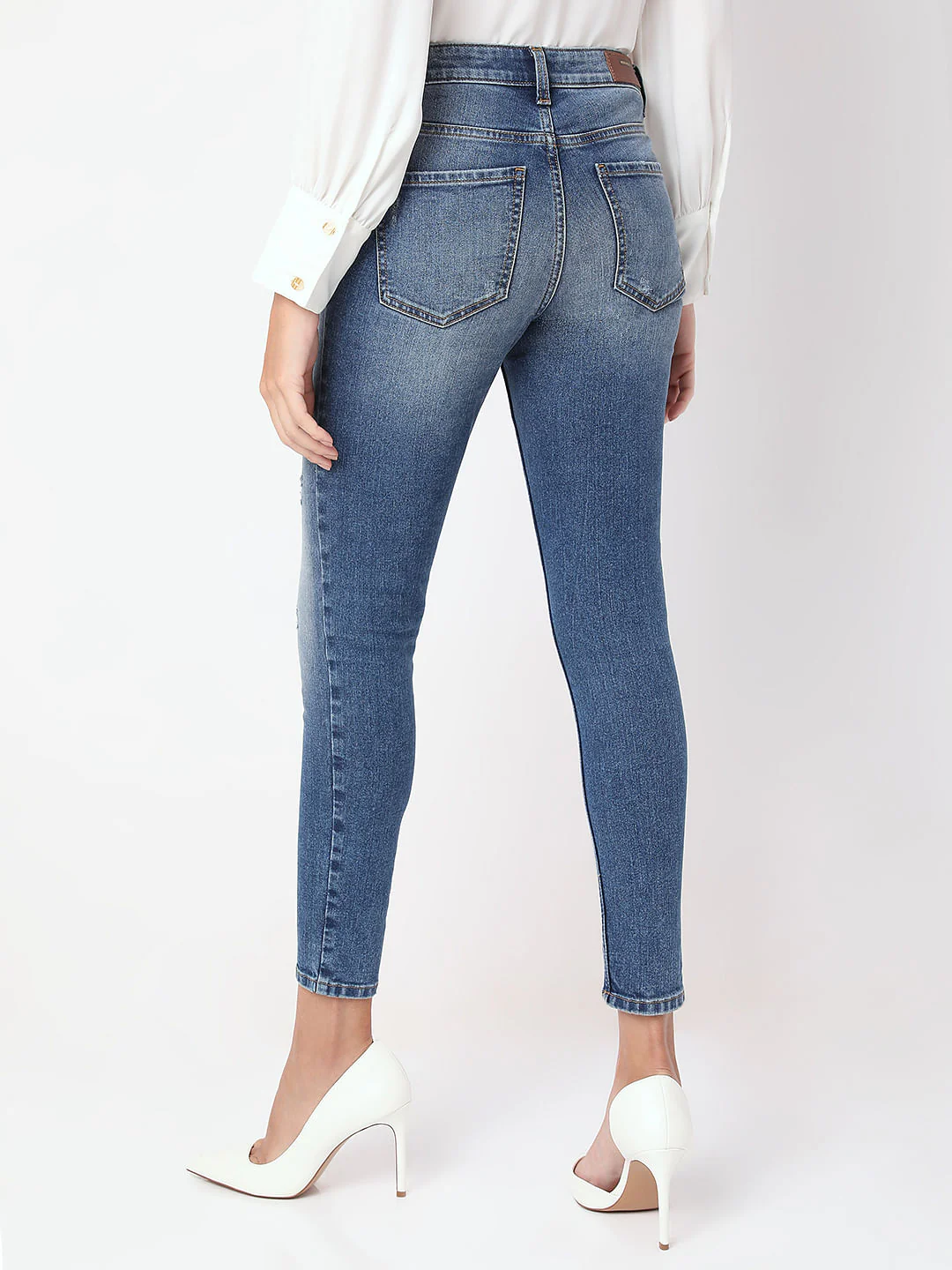 Blue Mid Rise Distressed Skinny Fit Jeans - Image 4