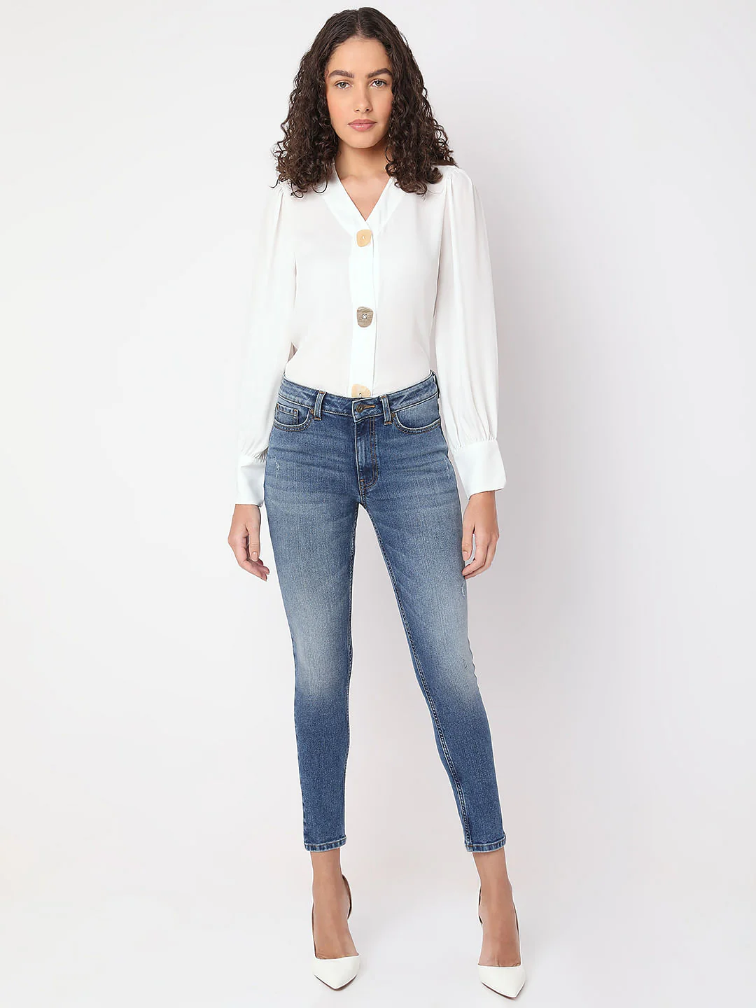 Blue Mid Rise Distressed Skinny Fit Jeans - Image 5