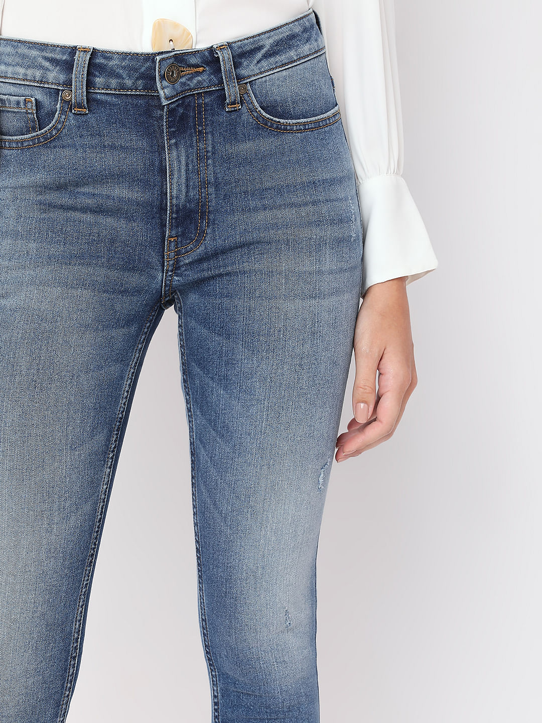 Blue Mid Rise Distressed Skinny Fit Jeans - Image 6