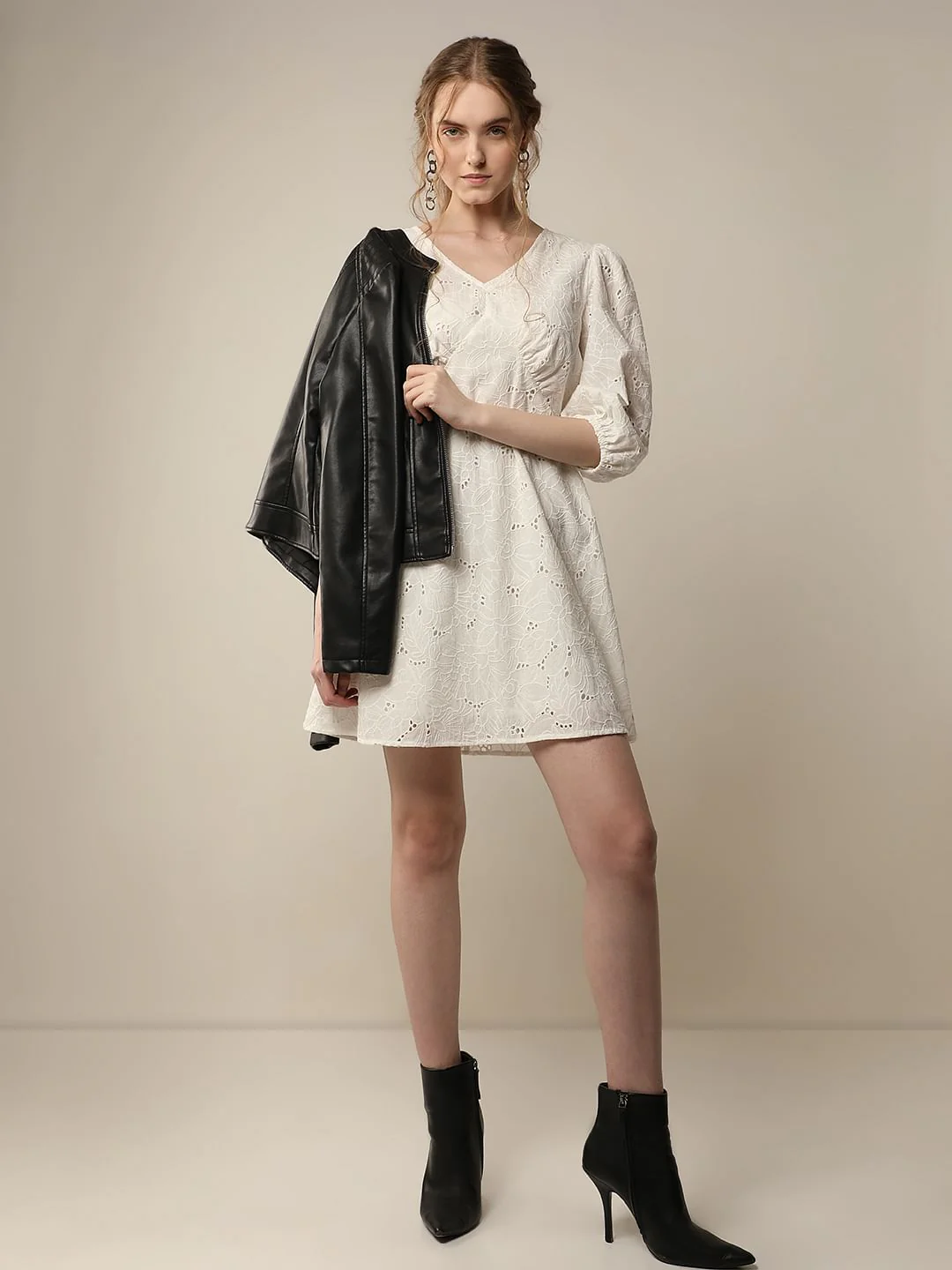 White Schiffli Cotton Mini Dress