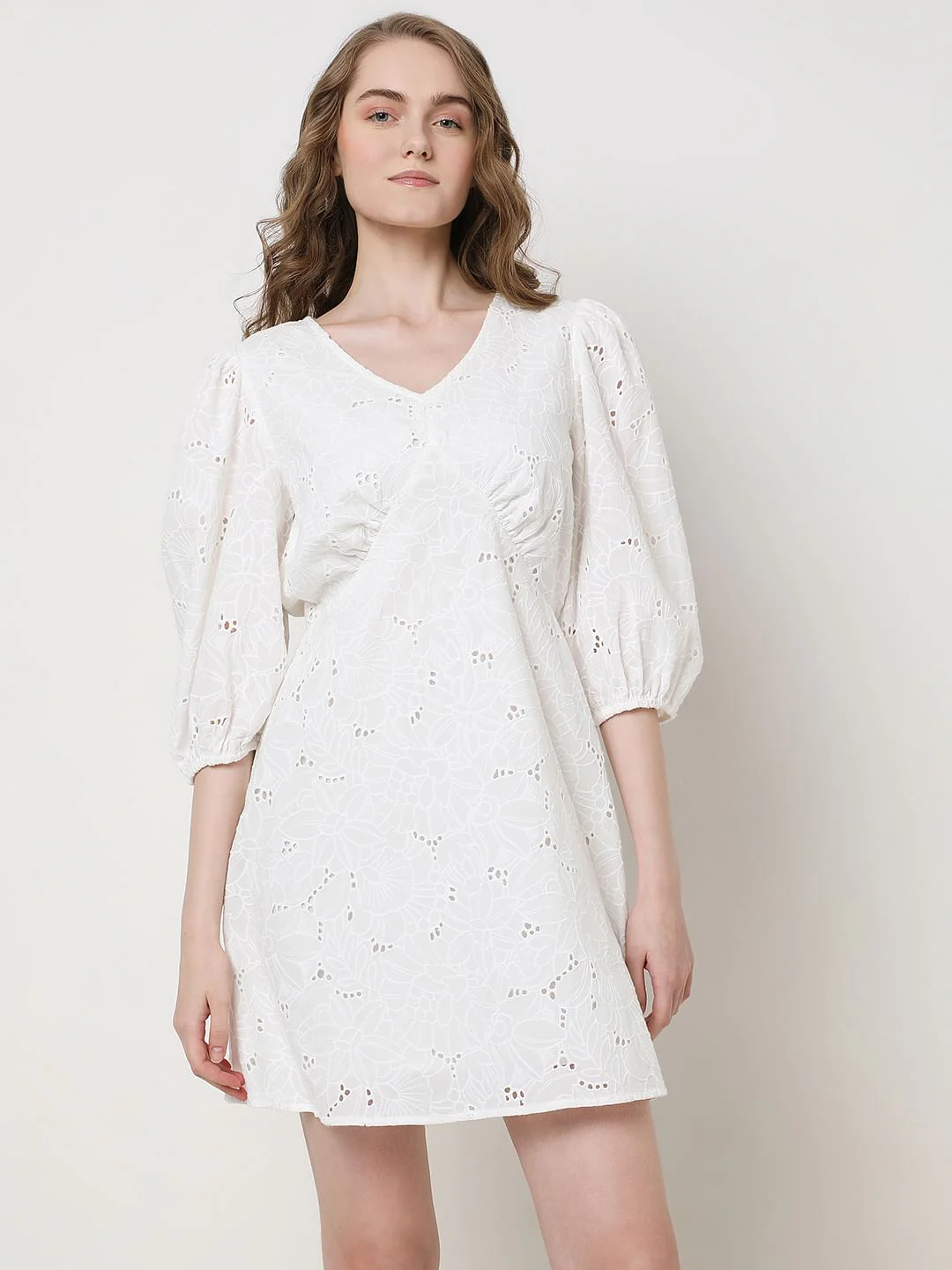 White Schiffli Cotton Mini Dress - Image 2