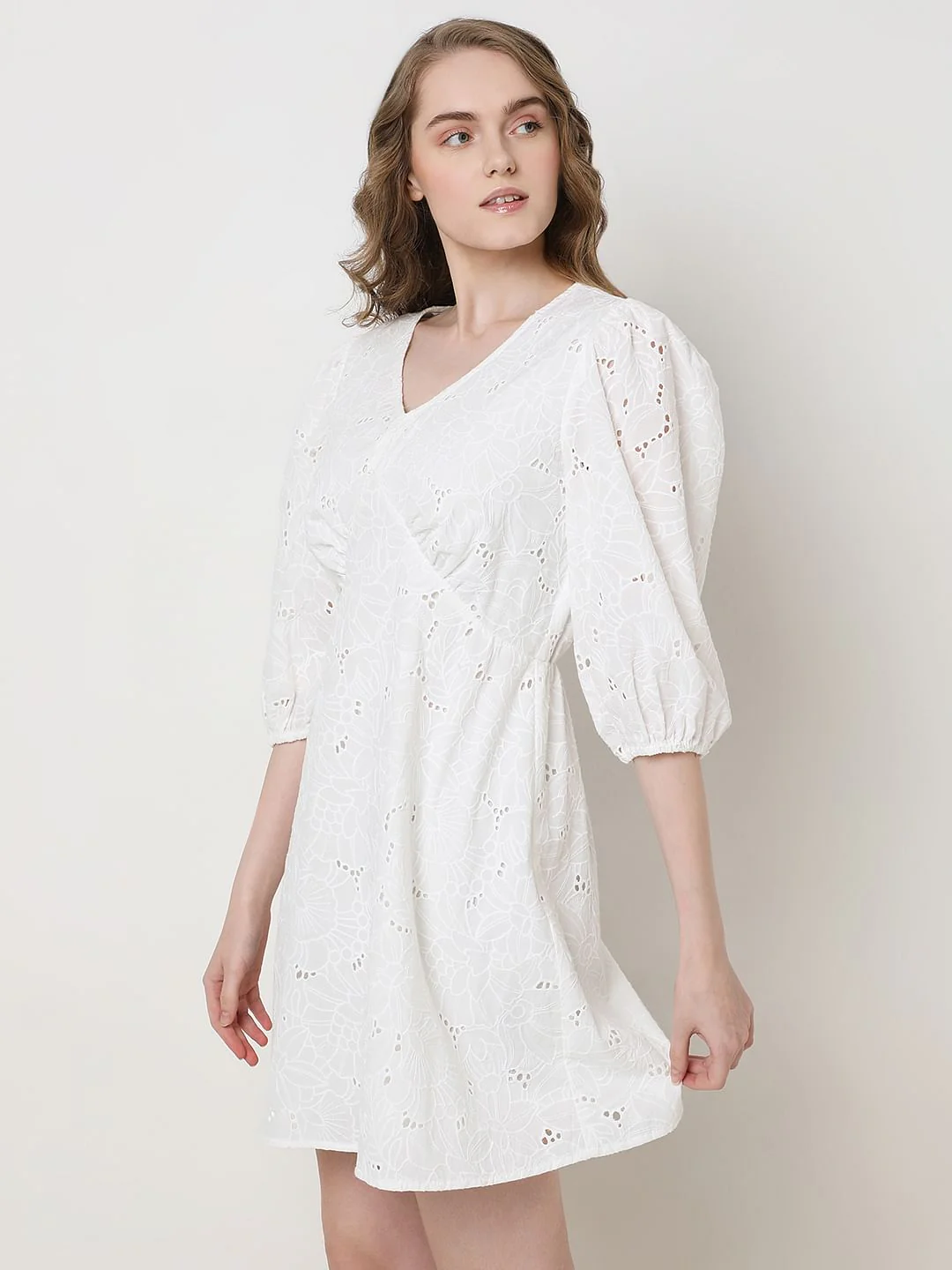 White Schiffli Cotton Mini Dress - Image 3