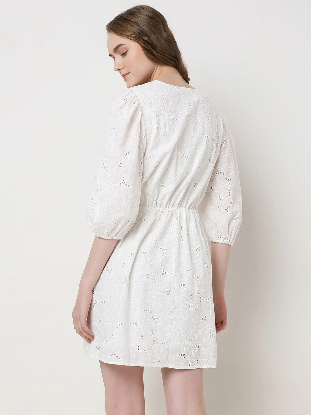 White Schiffli Cotton Mini Dress - Image 4
