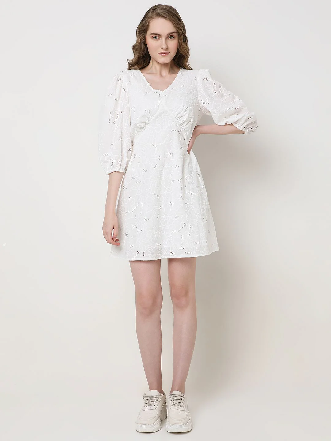 White Schiffli Cotton Mini Dress - Image 5