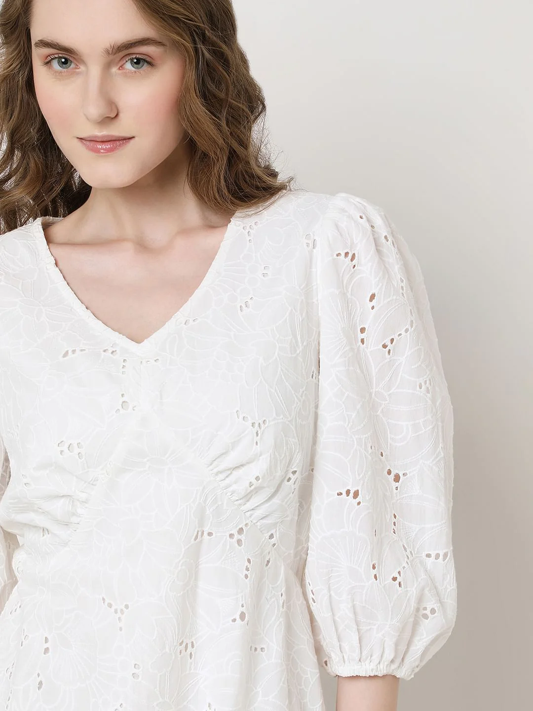 White Schiffli Cotton Mini Dress - Image 6