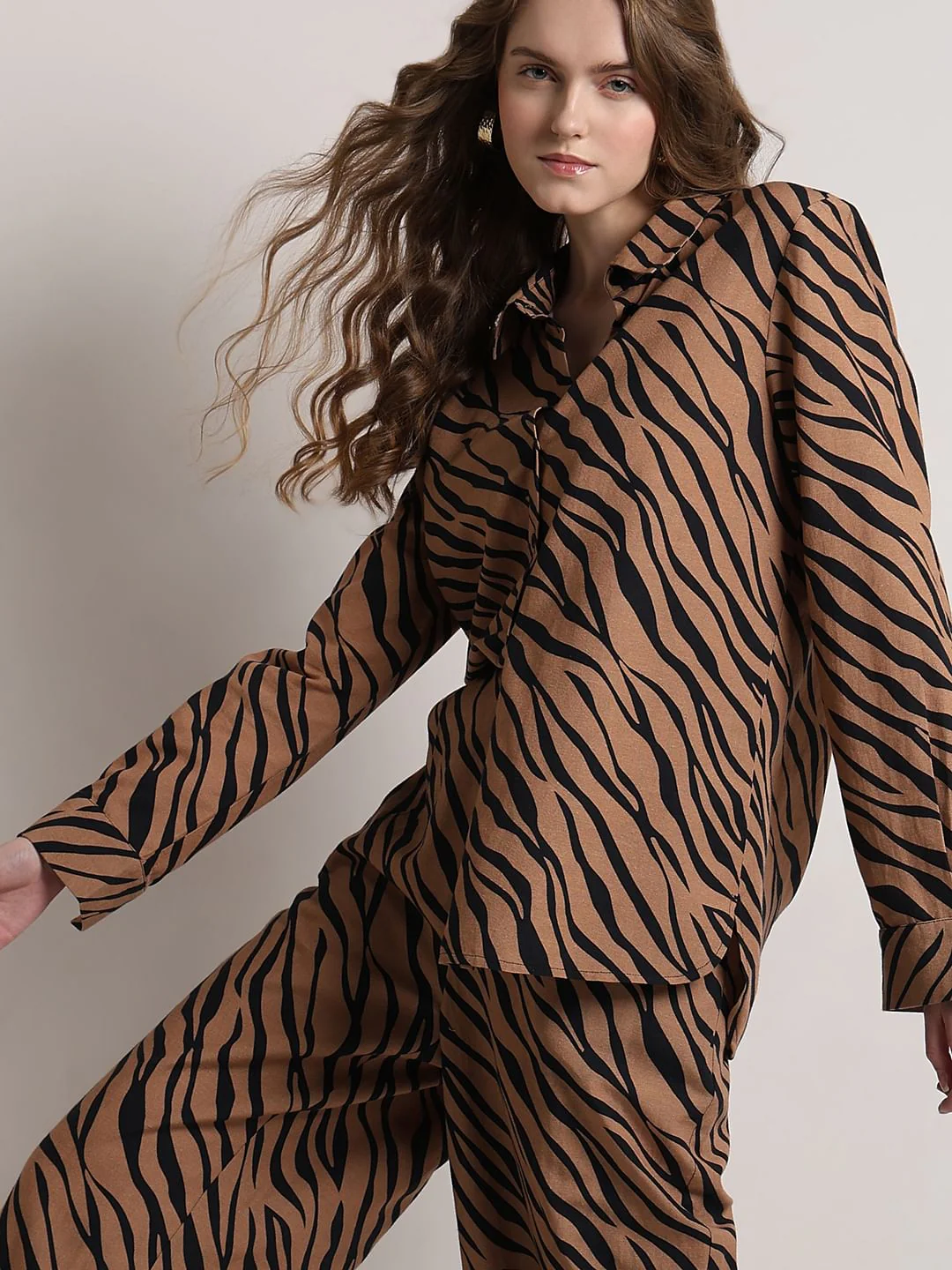 Brown Animal Print Co-Ord Set Shirt