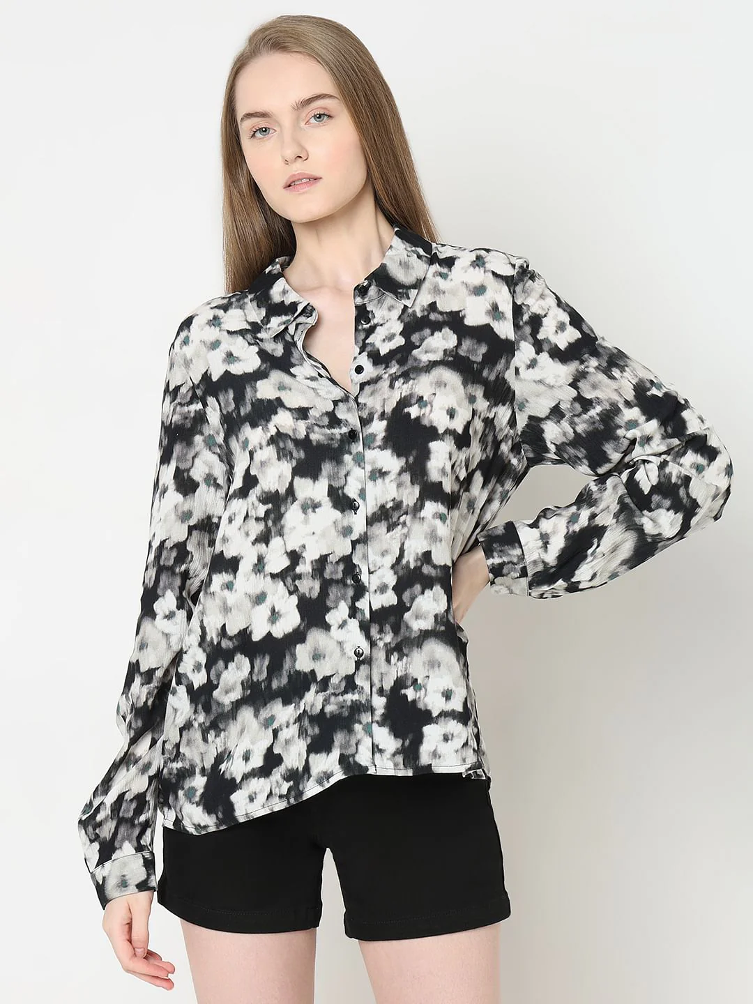 Black Floral Print Shirt - Image 2