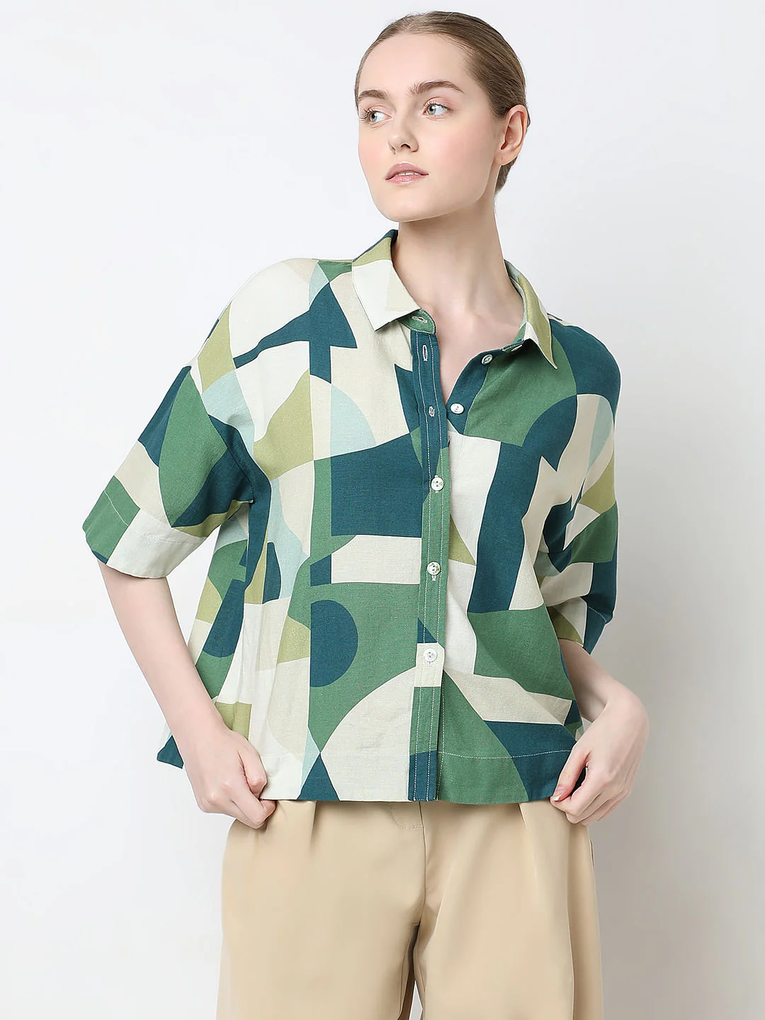 Ecru Geometric Print Shirt - Image 2
