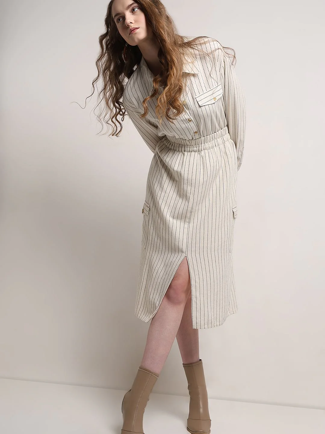 Beige Striped Co-Ord Set Skirt