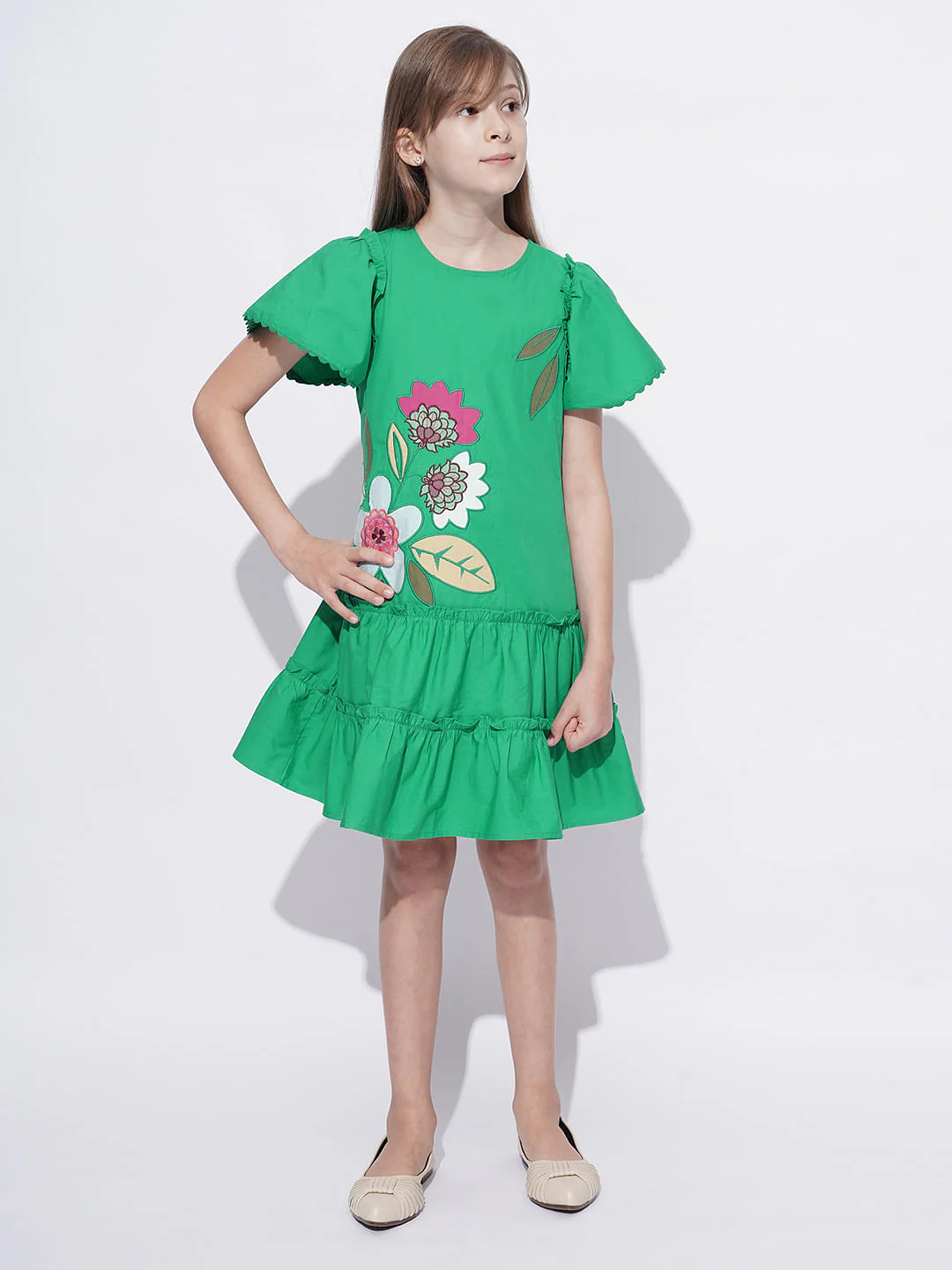 Girls Green Floral Applique Detail Dress - Image 2