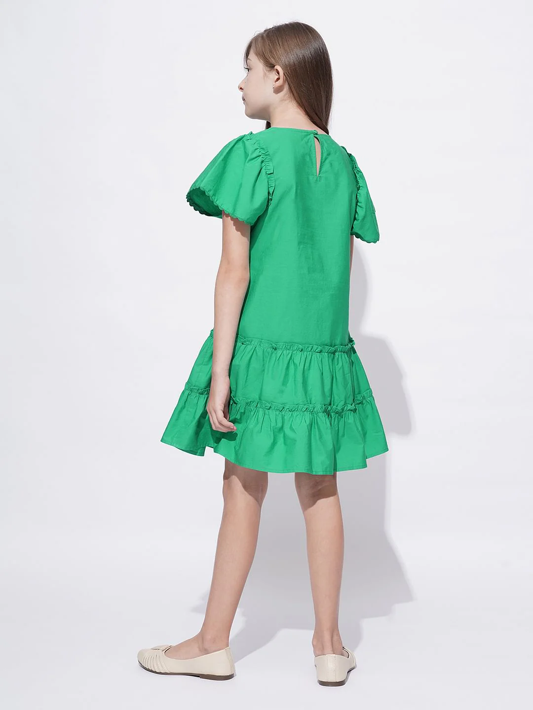 Girls Green Floral Applique Detail Dress - Image 3