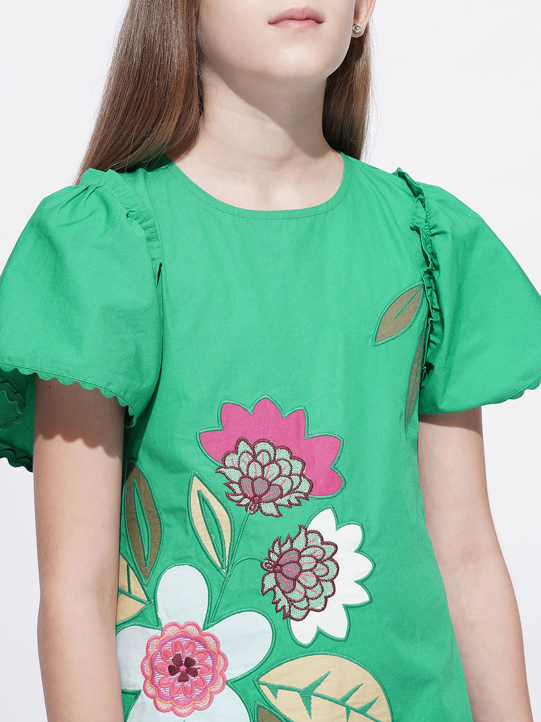 Girls Green Floral Applique Detail Dress - Image 4