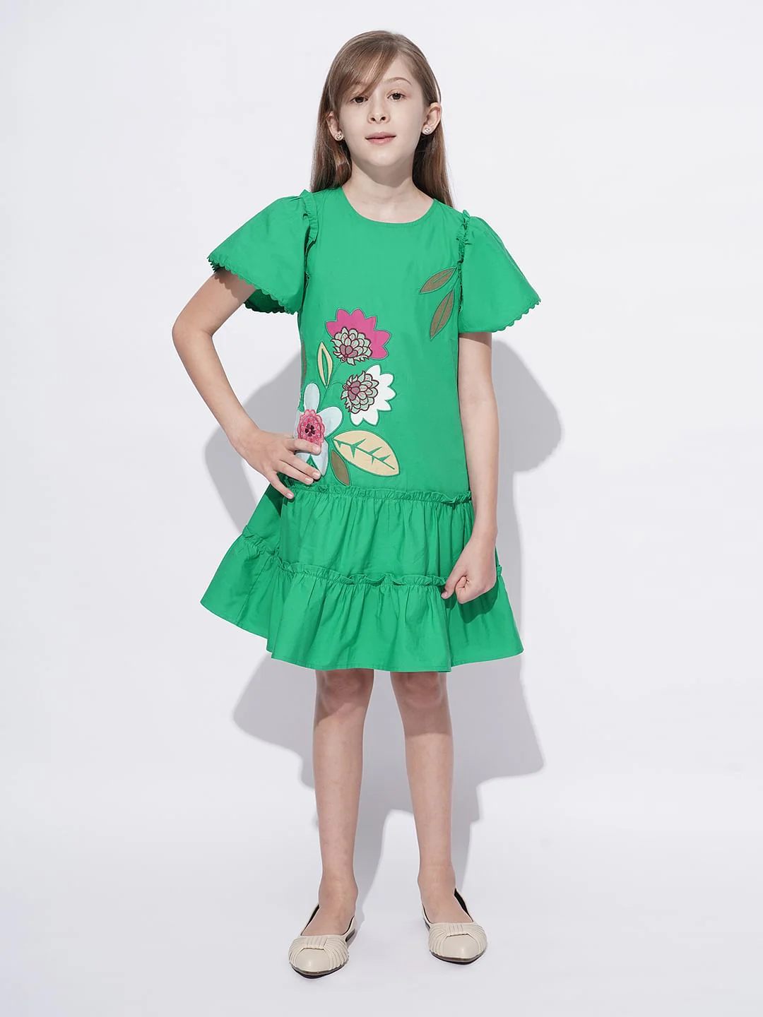 Girls Green Floral Applique Detail Dress - Image 5