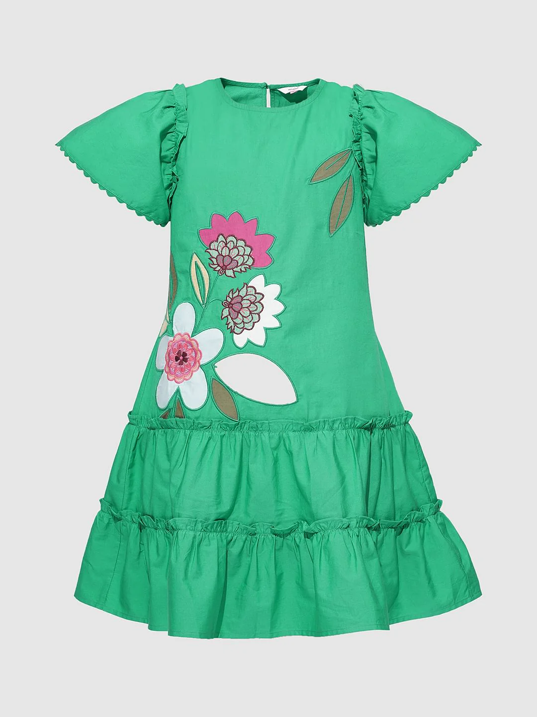 Girls Green Floral Applique Detail Dress - Image 6