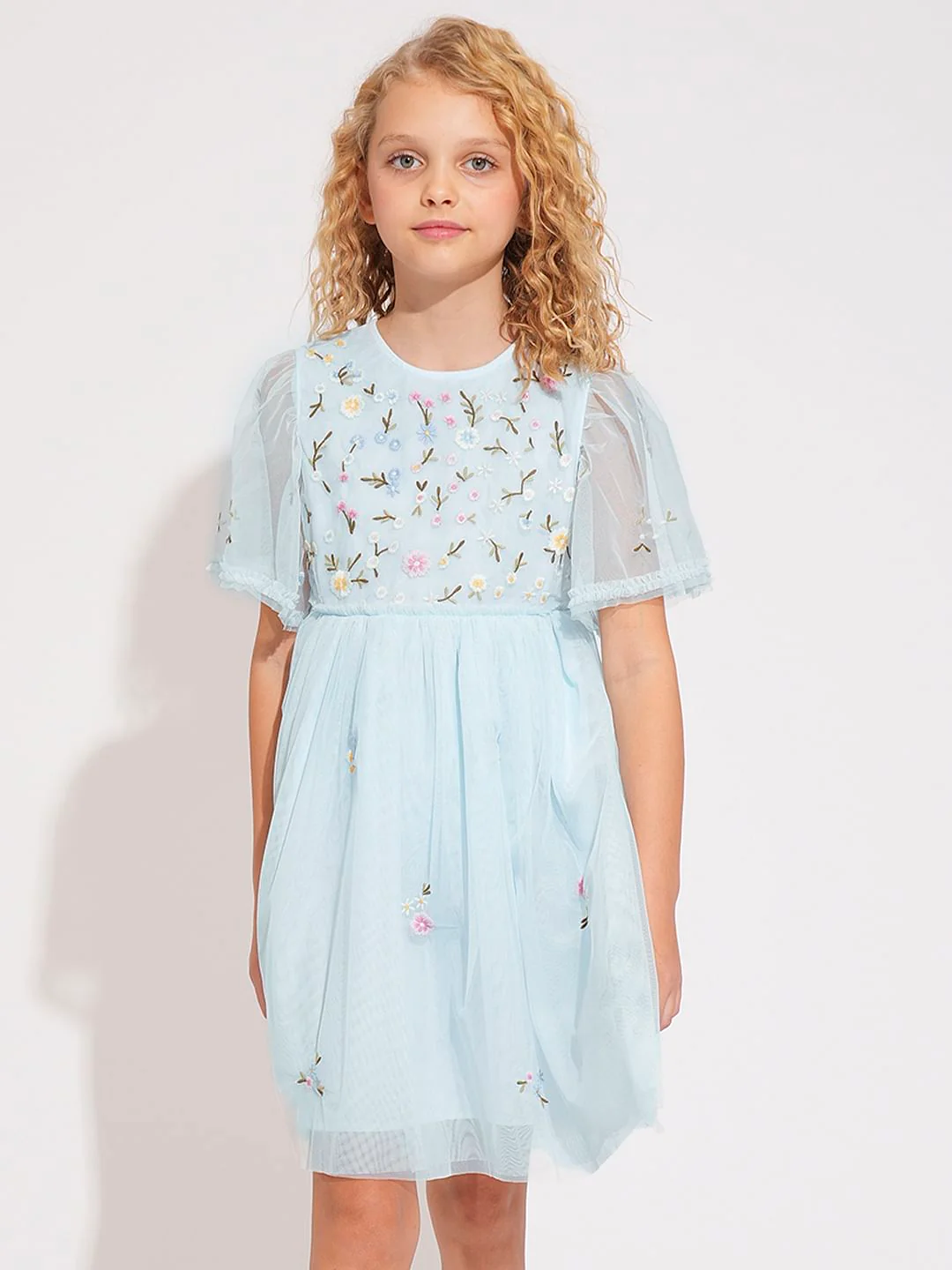 Girls Light Blue Tulle Embroidered Dress - Image 2