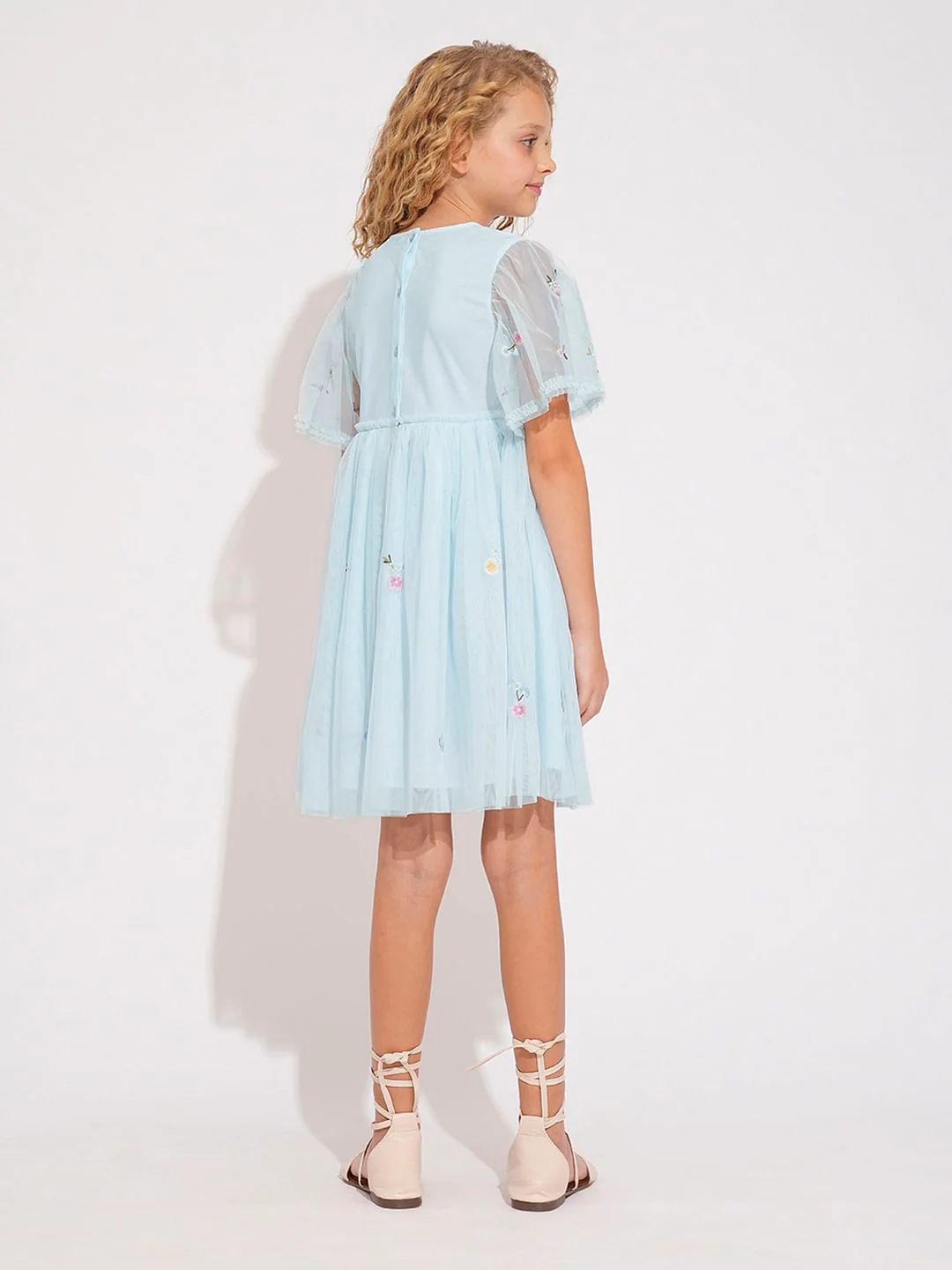 Girls Light Blue Tulle Embroidered Dress - Image 3