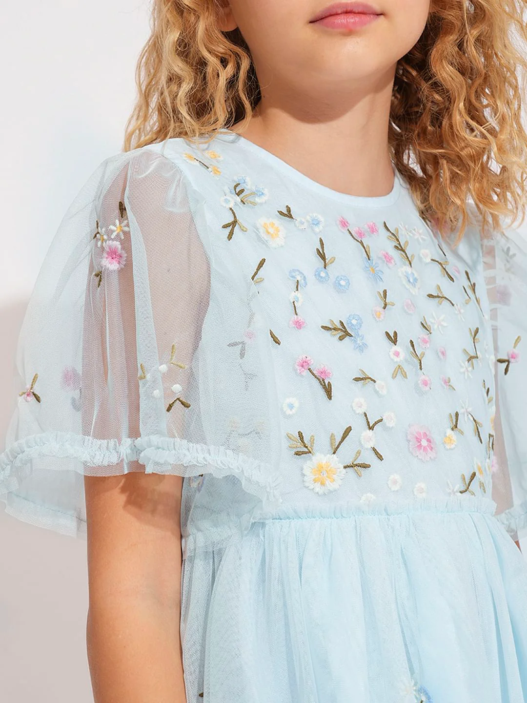 Girls Light Blue Tulle Embroidered Dress - Image 4