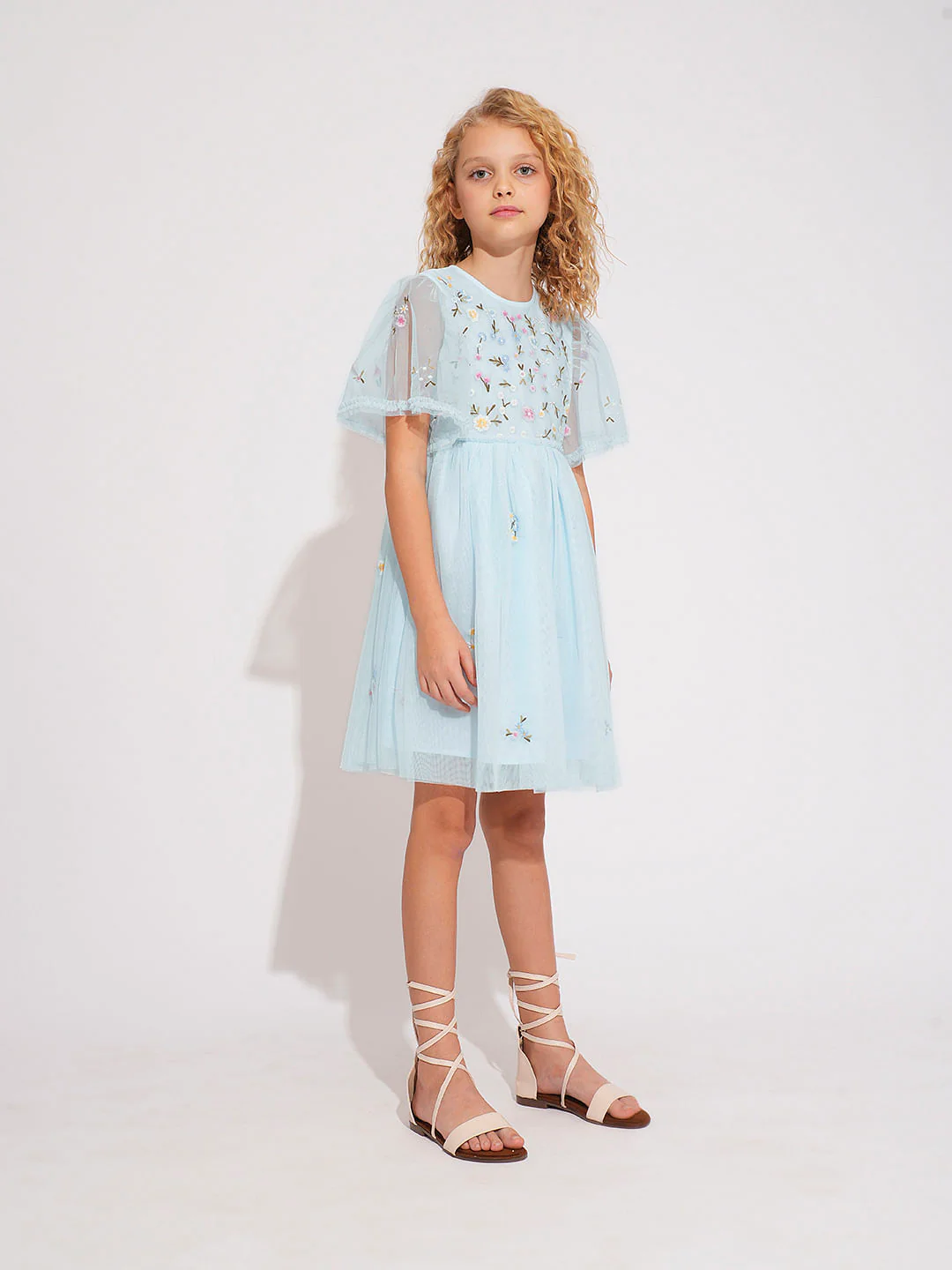 Girls Light Blue Tulle Embroidered Dress - Image 5