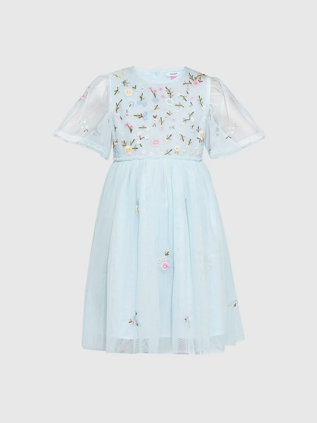 Girls Light Blue Tulle Embroidered Dress - Image 6